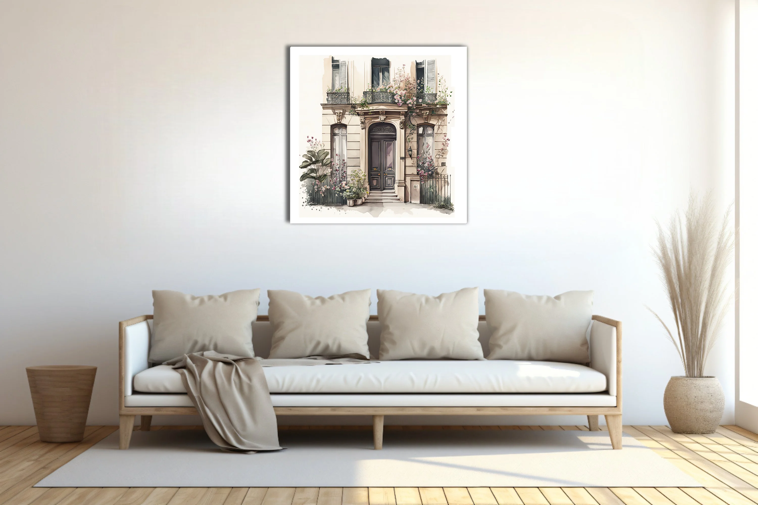 Watercolor-style Parisian belle-époque building facade with floral botanicals and ornate ironwork