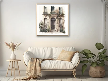 Watercolor-style Parisian belle-époque building facade with floral botanicals and ornate ironwork