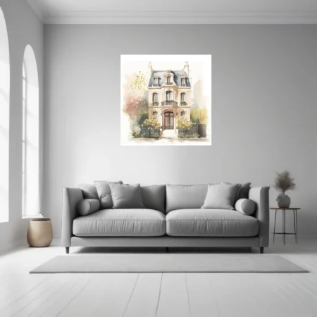 Watercolor-style Belle Époque Paris townhouse with mansard roof and blooming garden
