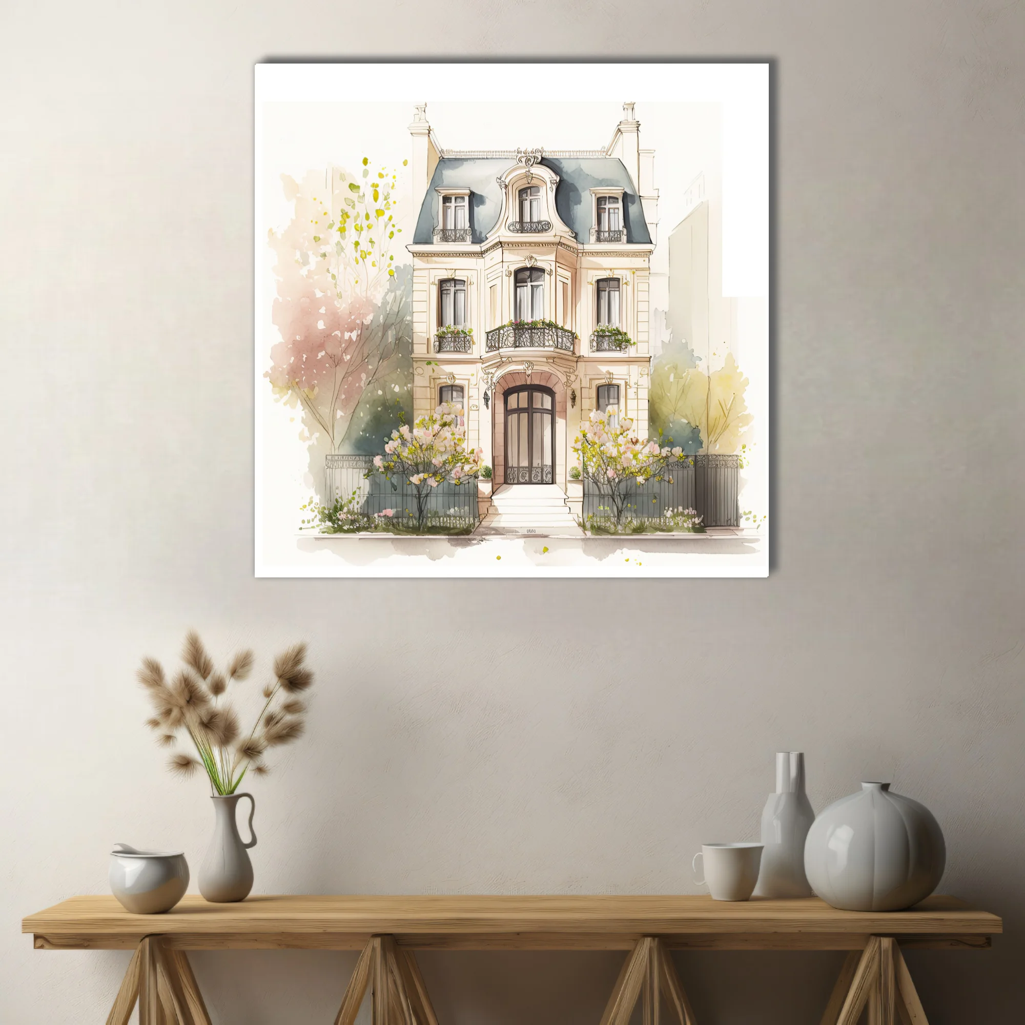 Watercolor-style Belle Époque Paris townhouse with mansard roof and blooming garden
