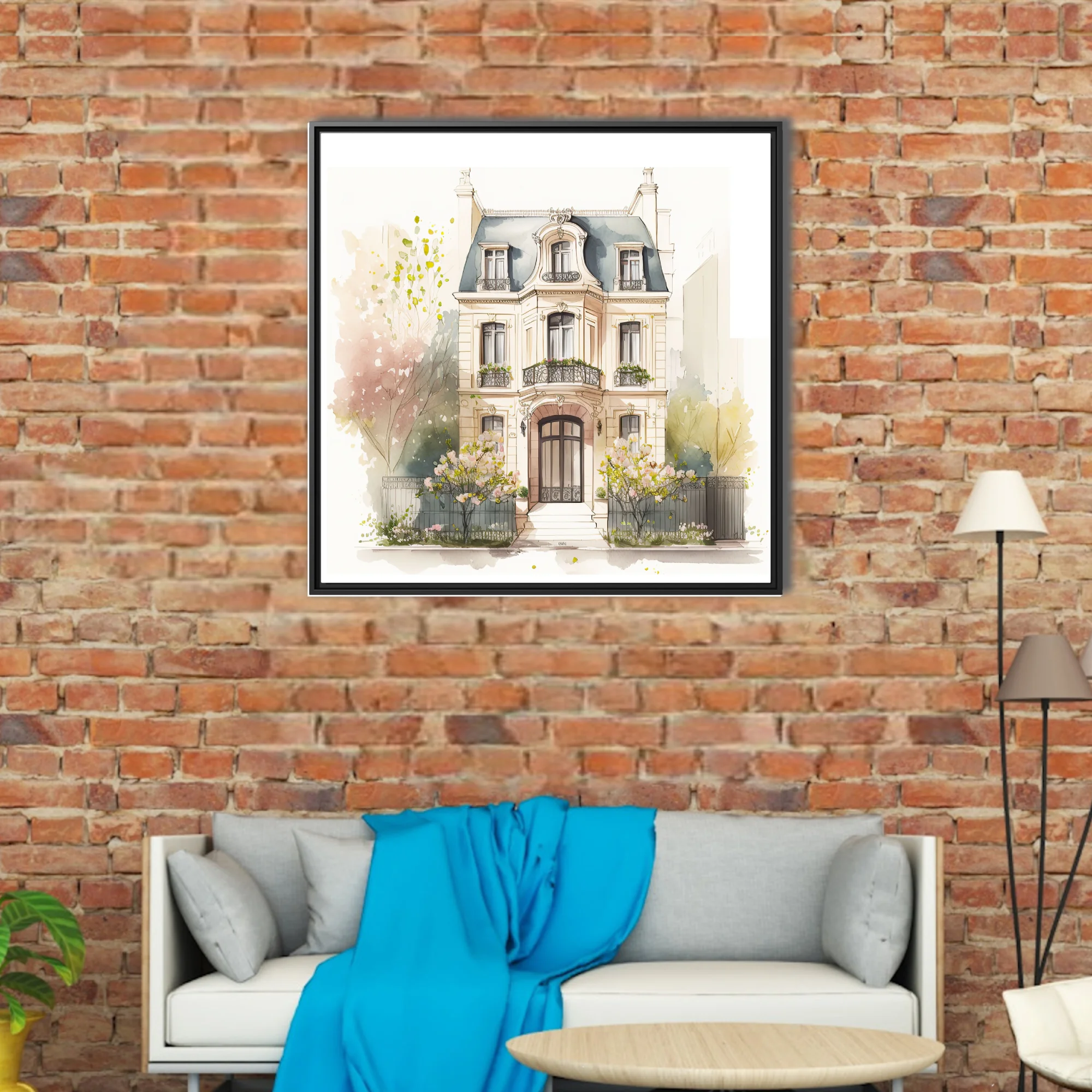 Watercolor-style Belle Époque Paris townhouse with mansard roof and blooming garden