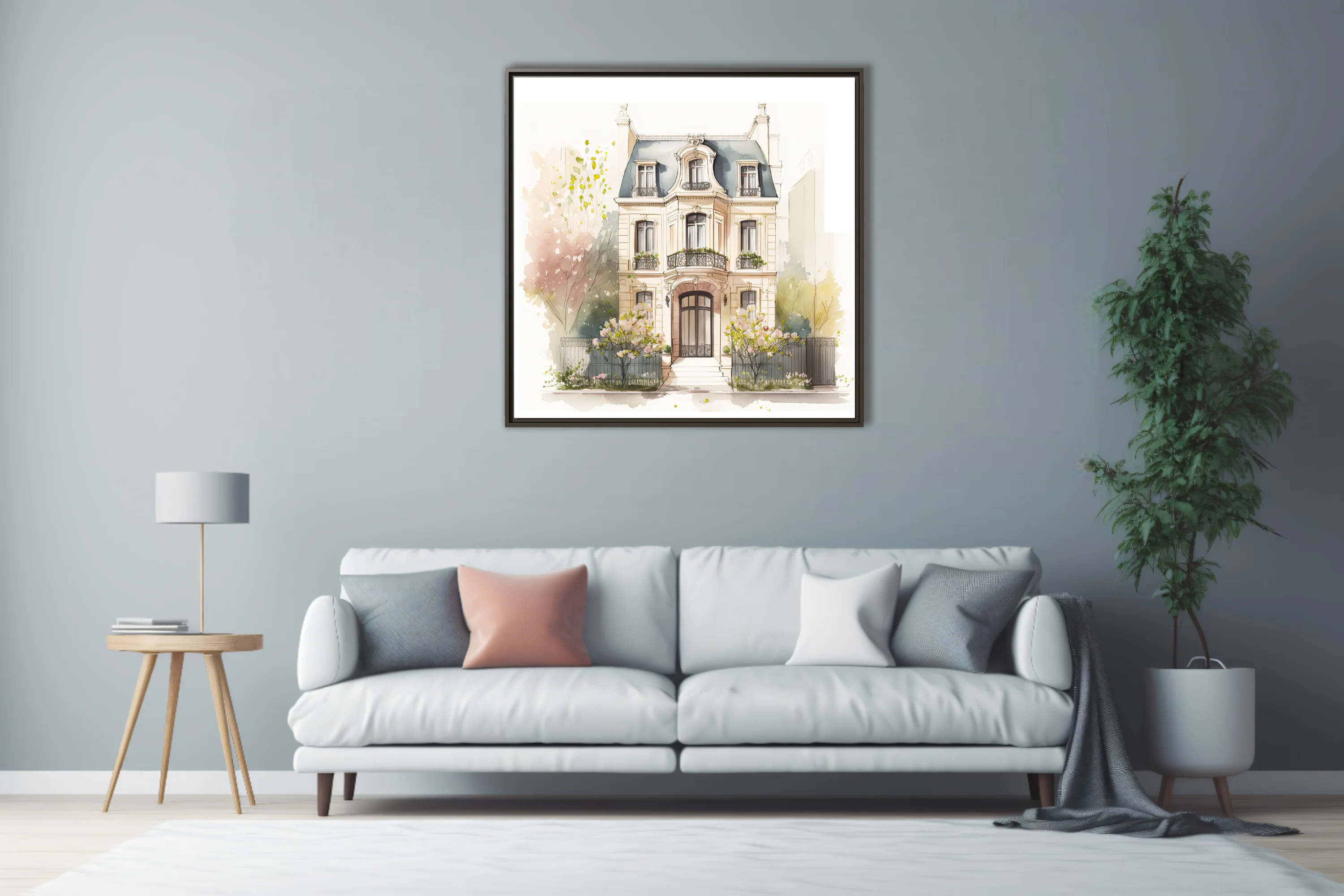 Watercolor-style Belle Époque Paris townhouse with mansard roof and blooming garden