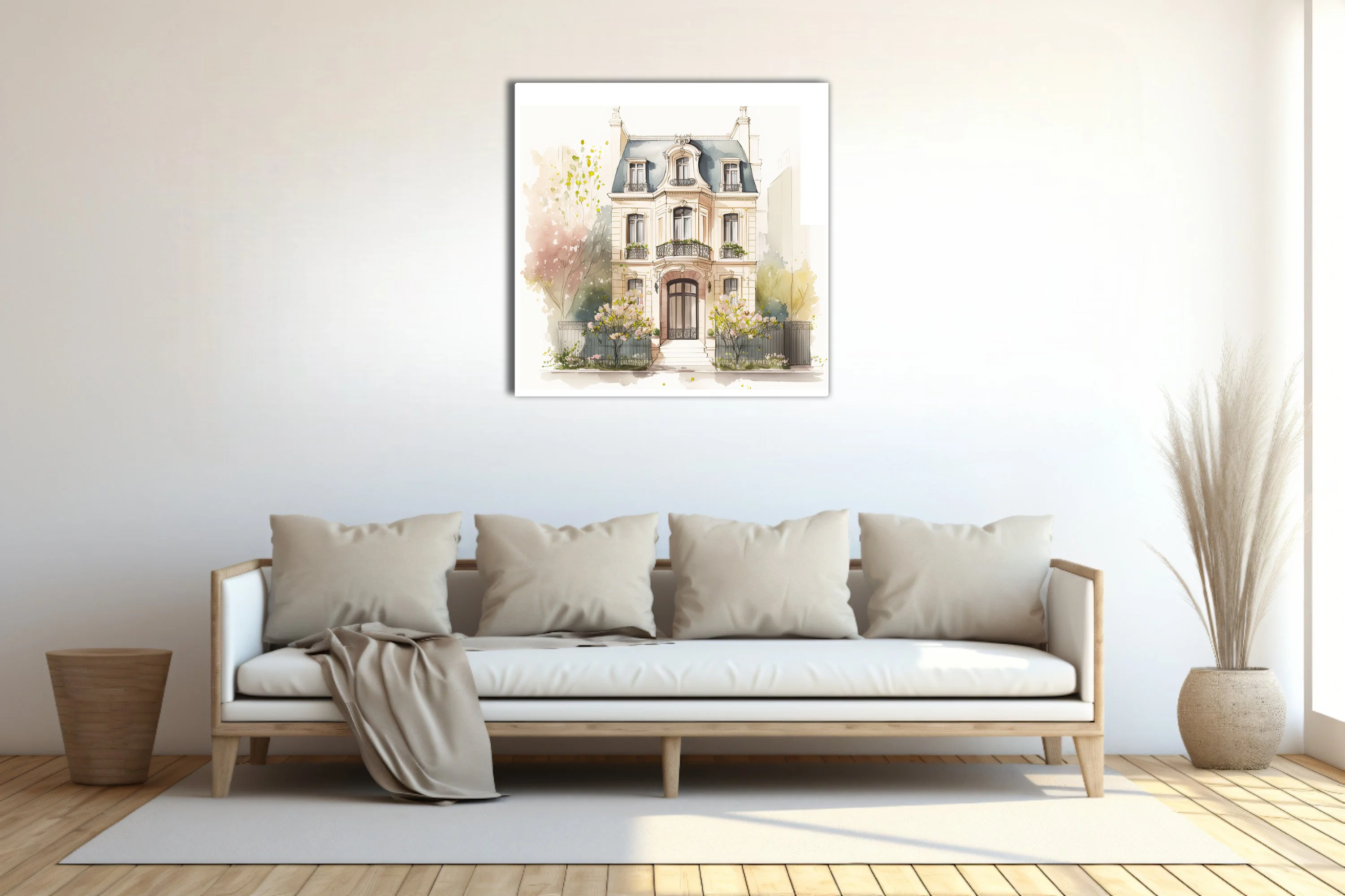 Watercolor-style Belle Époque Paris townhouse with mansard roof and blooming garden