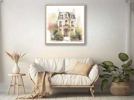 Watercolor-style Belle Époque Paris townhouse with mansard roof and blooming garden