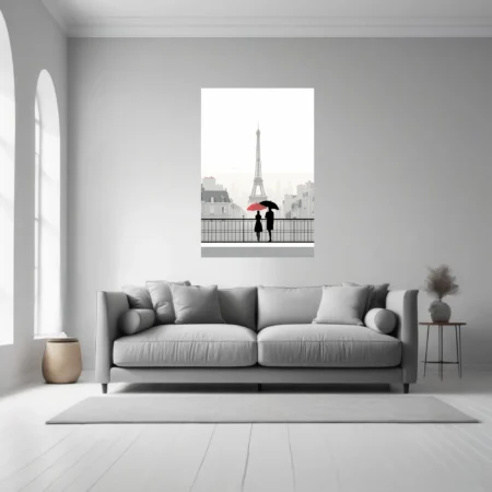Minimalist Paris Eiffel Tower illustration, figures with red and black umbrellas, monochrome