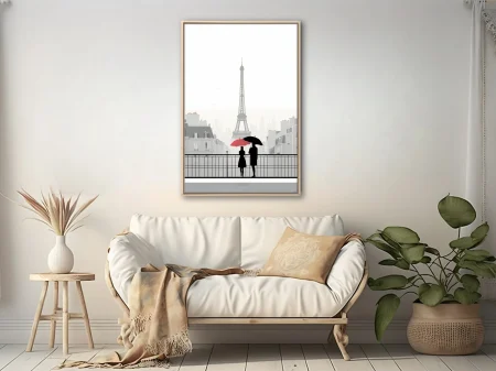 Minimalist Paris Eiffel Tower illustration, figures with red and black umbrellas, monochrome