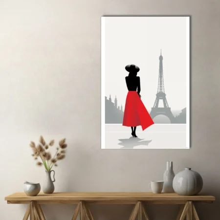 Minimalist Paris silhouette illustration, red skirt figure with Eiffel Tower in grey