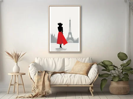 Minimalist Paris silhouette illustration, red skirt figure with Eiffel Tower in grey