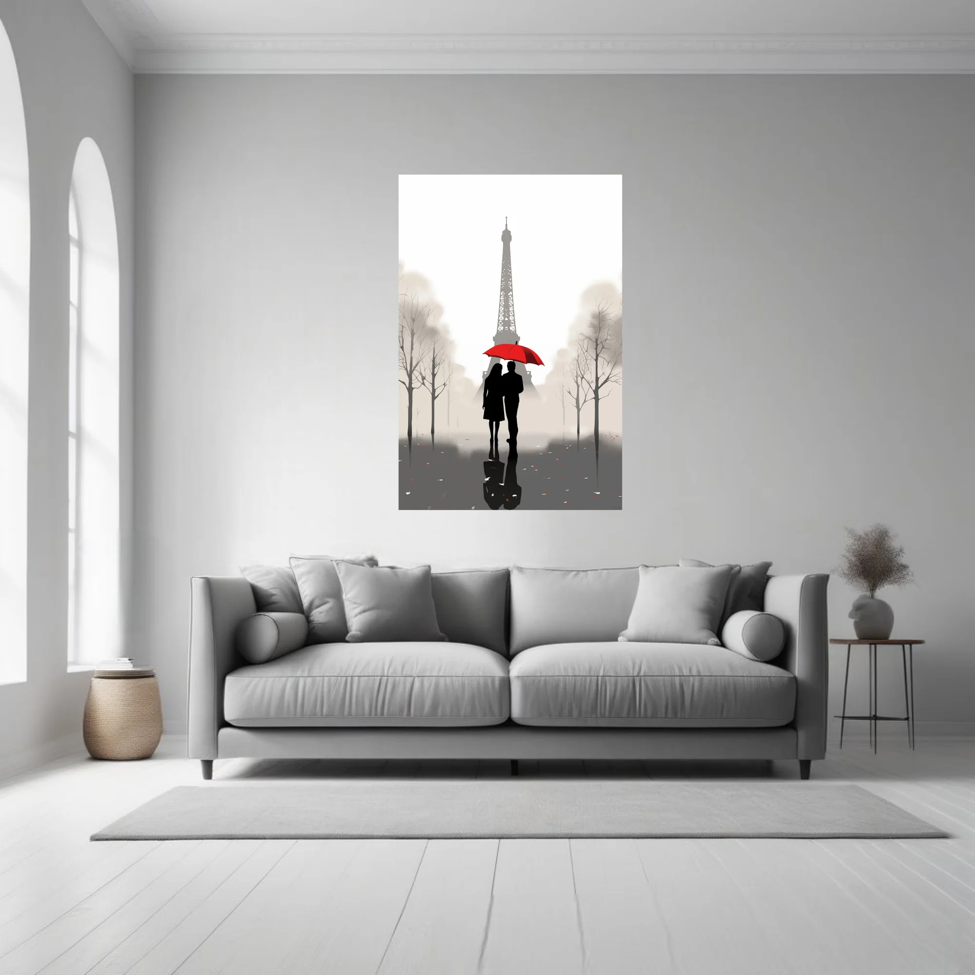 Minimalist Paris Eiffel Tower couple red umbrella silhouette grey misty illustration