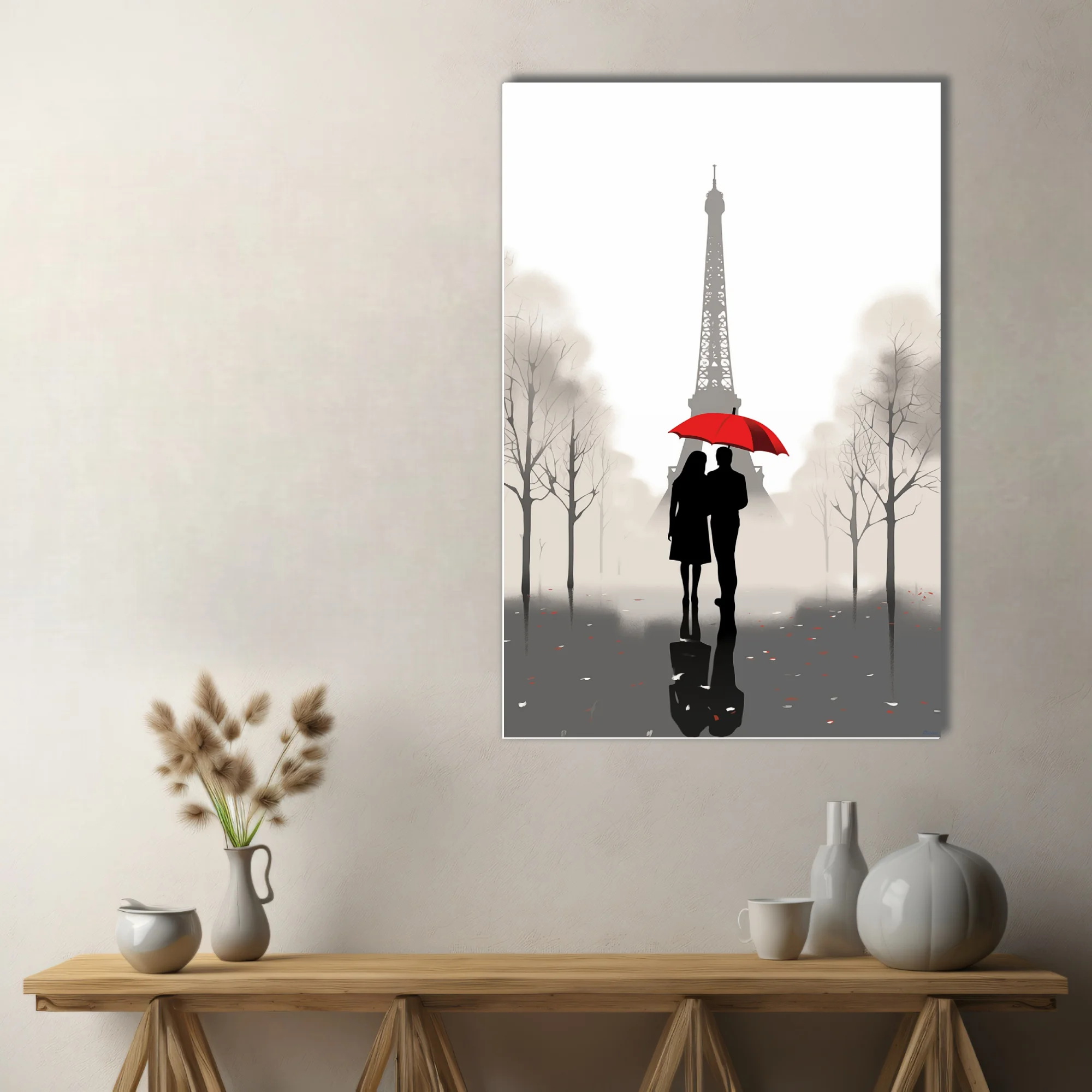 Minimalist Paris Eiffel Tower couple red umbrella silhouette grey misty illustration