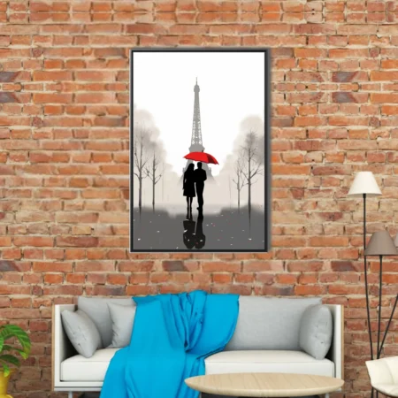 Minimalist Paris Eiffel Tower couple red umbrella silhouette grey misty illustration