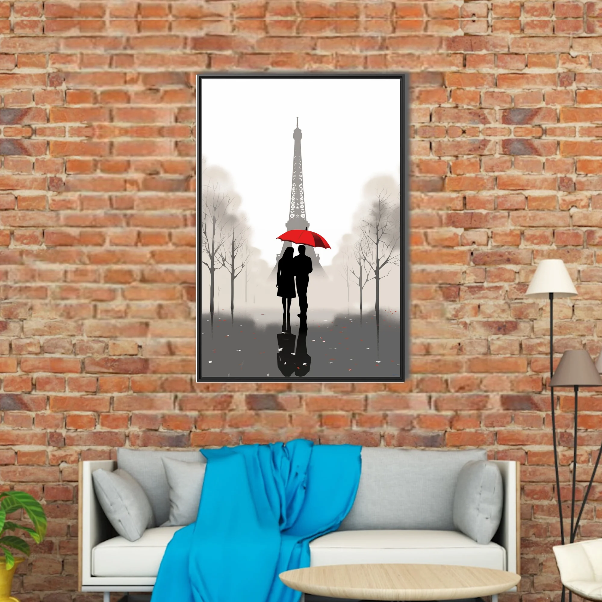 Minimalist Paris Eiffel Tower couple red umbrella silhouette grey misty illustration
