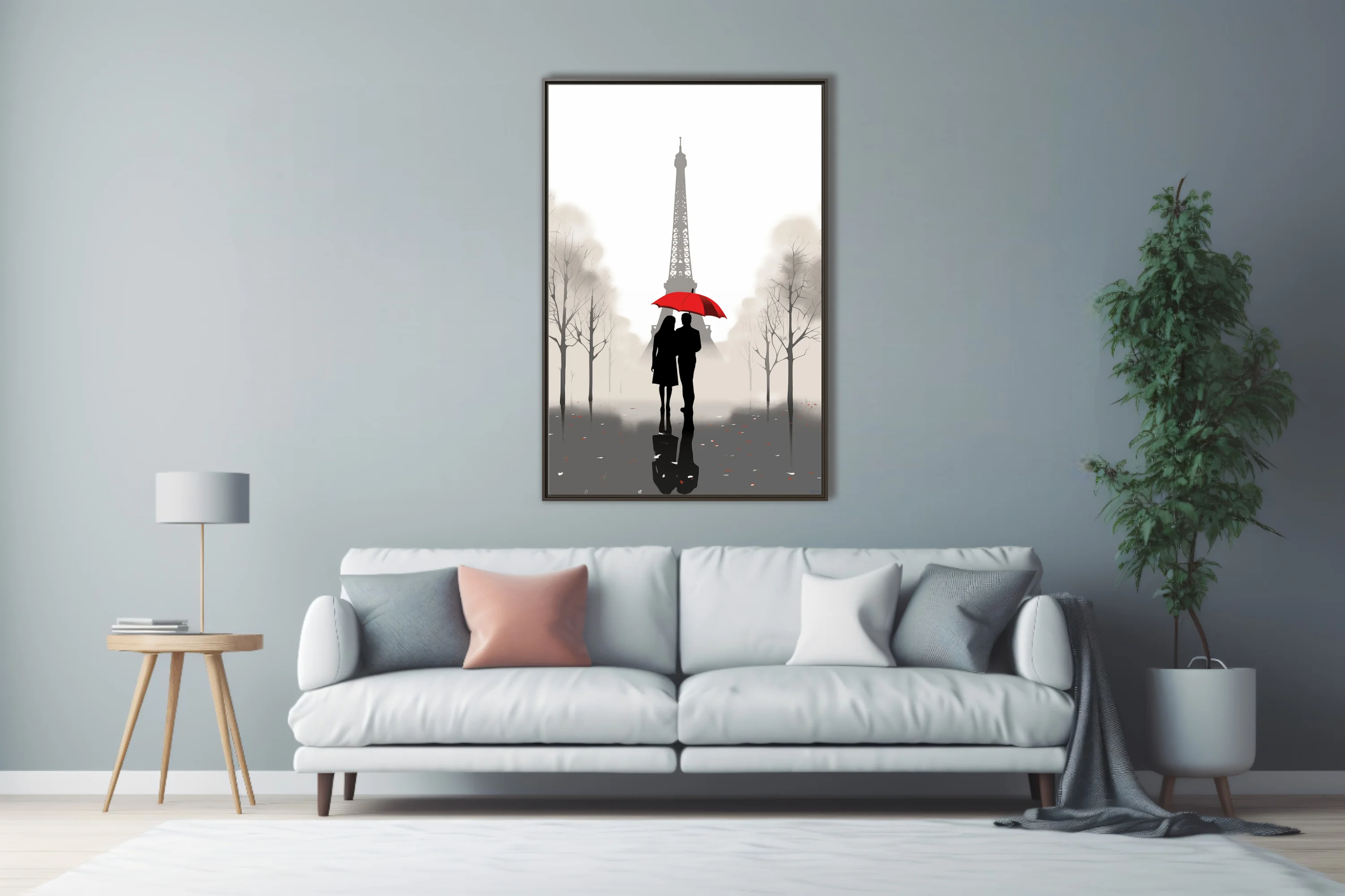 Minimalist Paris Eiffel Tower couple red umbrella silhouette grey misty illustration
