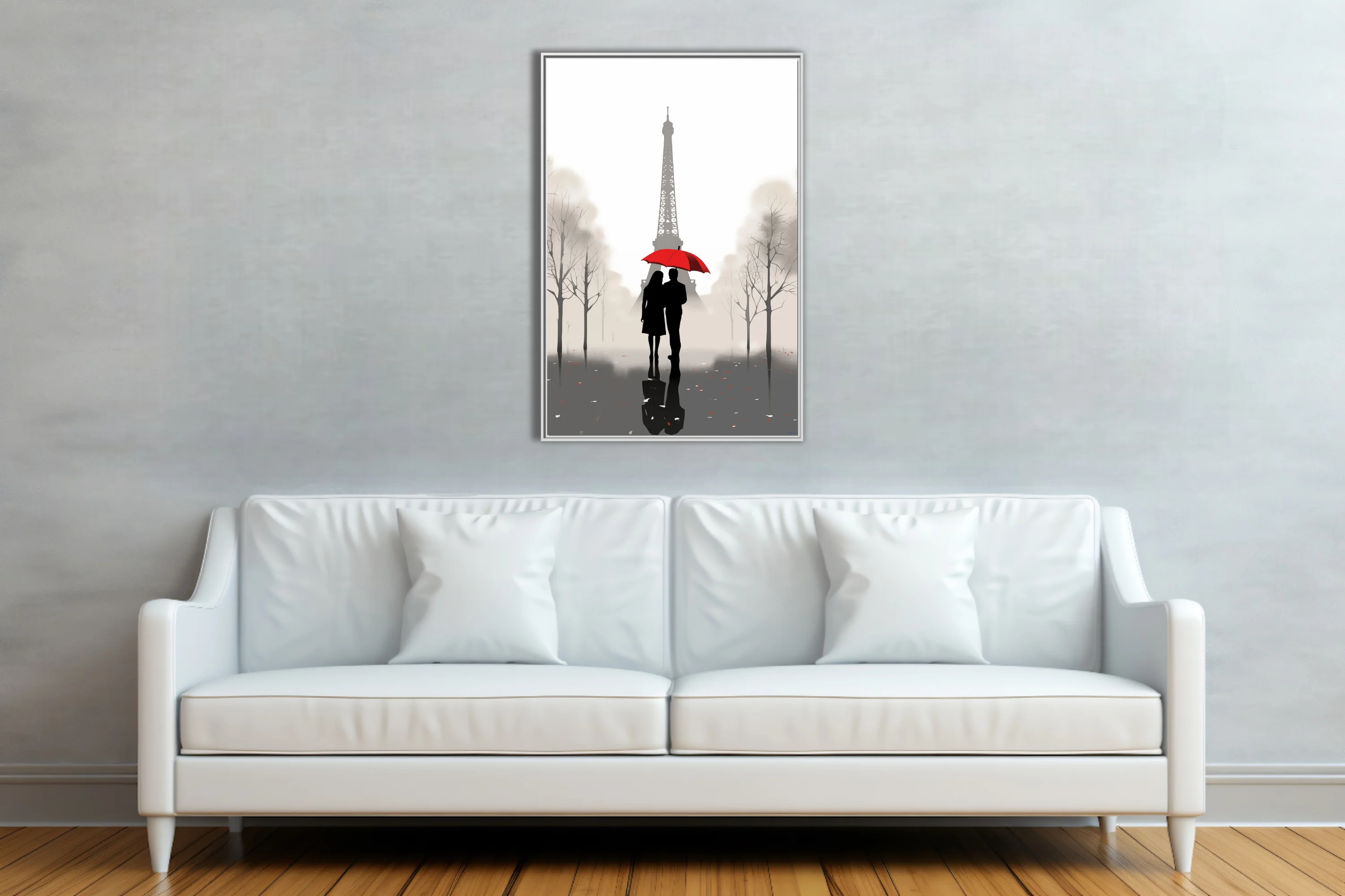Minimalist Paris Eiffel Tower couple red umbrella silhouette grey misty illustration