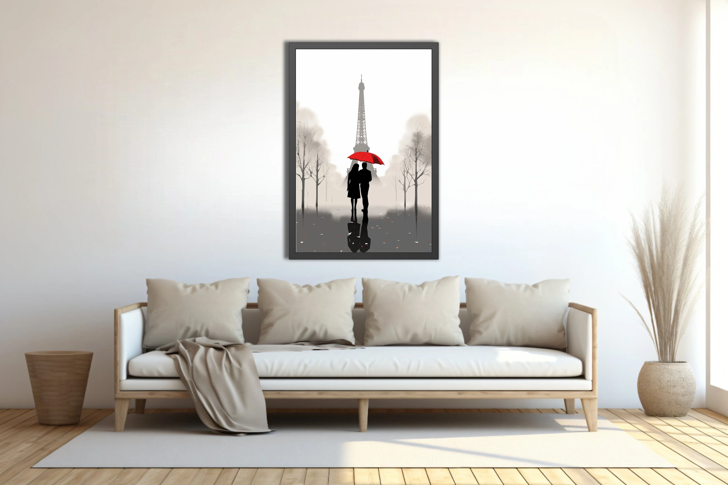 Minimalist Paris Eiffel Tower couple red umbrella silhouette grey misty illustration