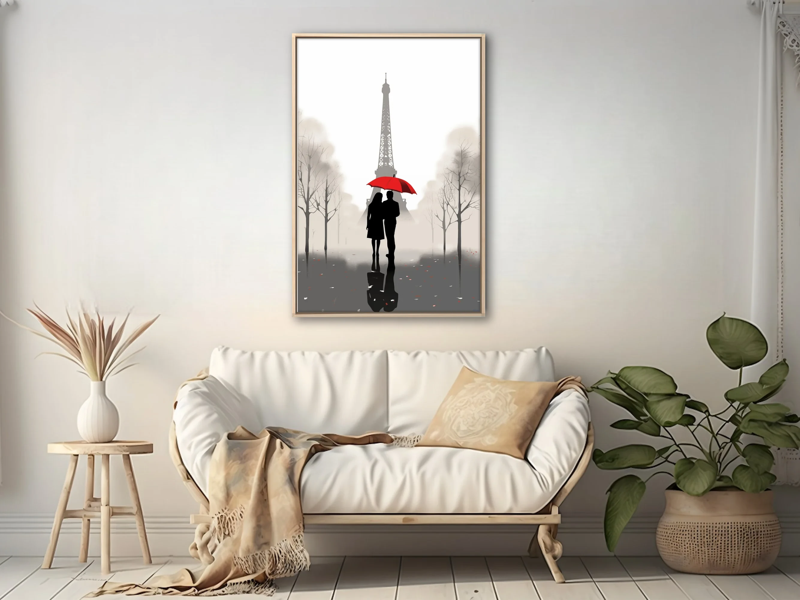 Minimalist Paris Eiffel Tower couple red umbrella silhouette grey misty illustration