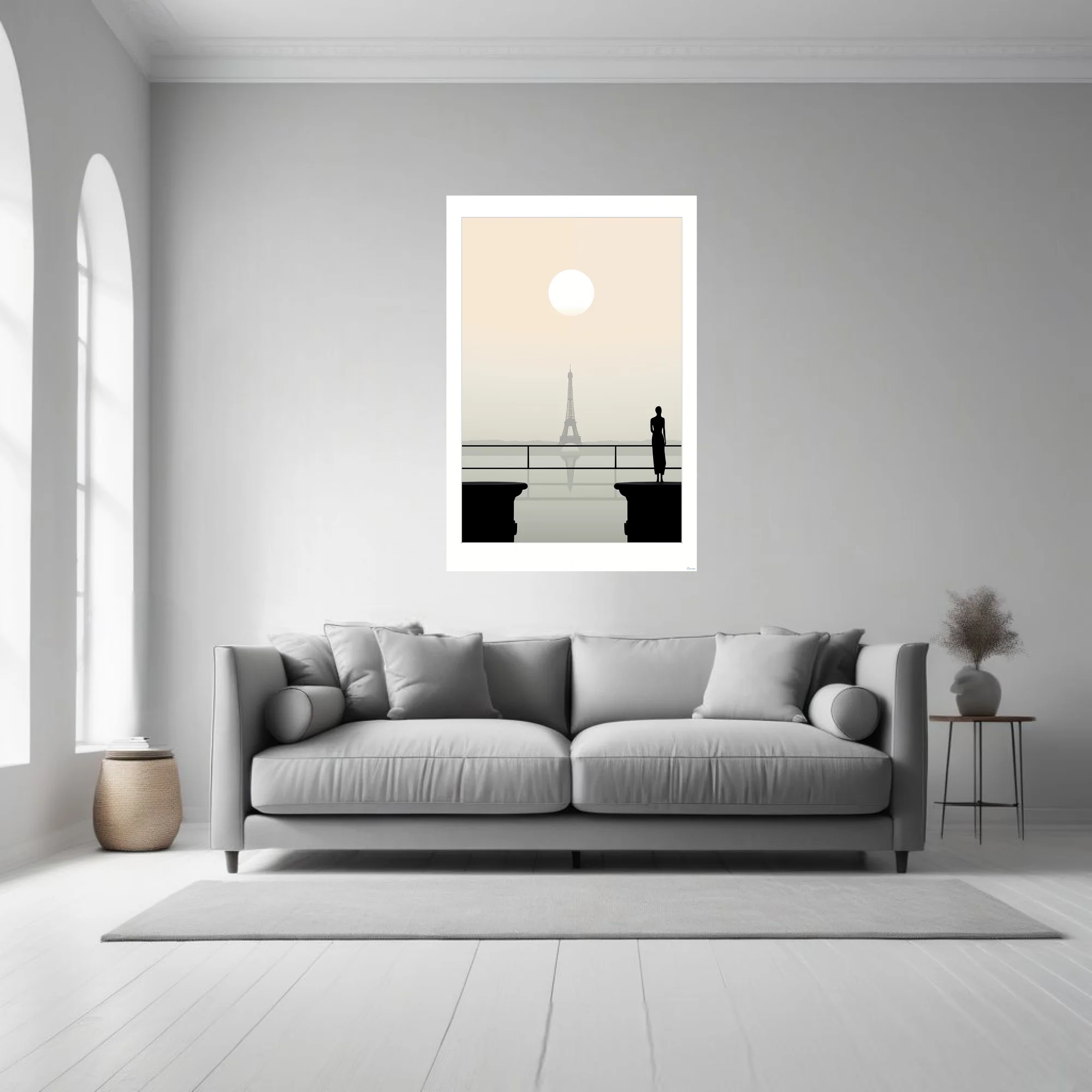 Minimalist Paris Eiffel Tower scene with silhouette figure, champagne haze
