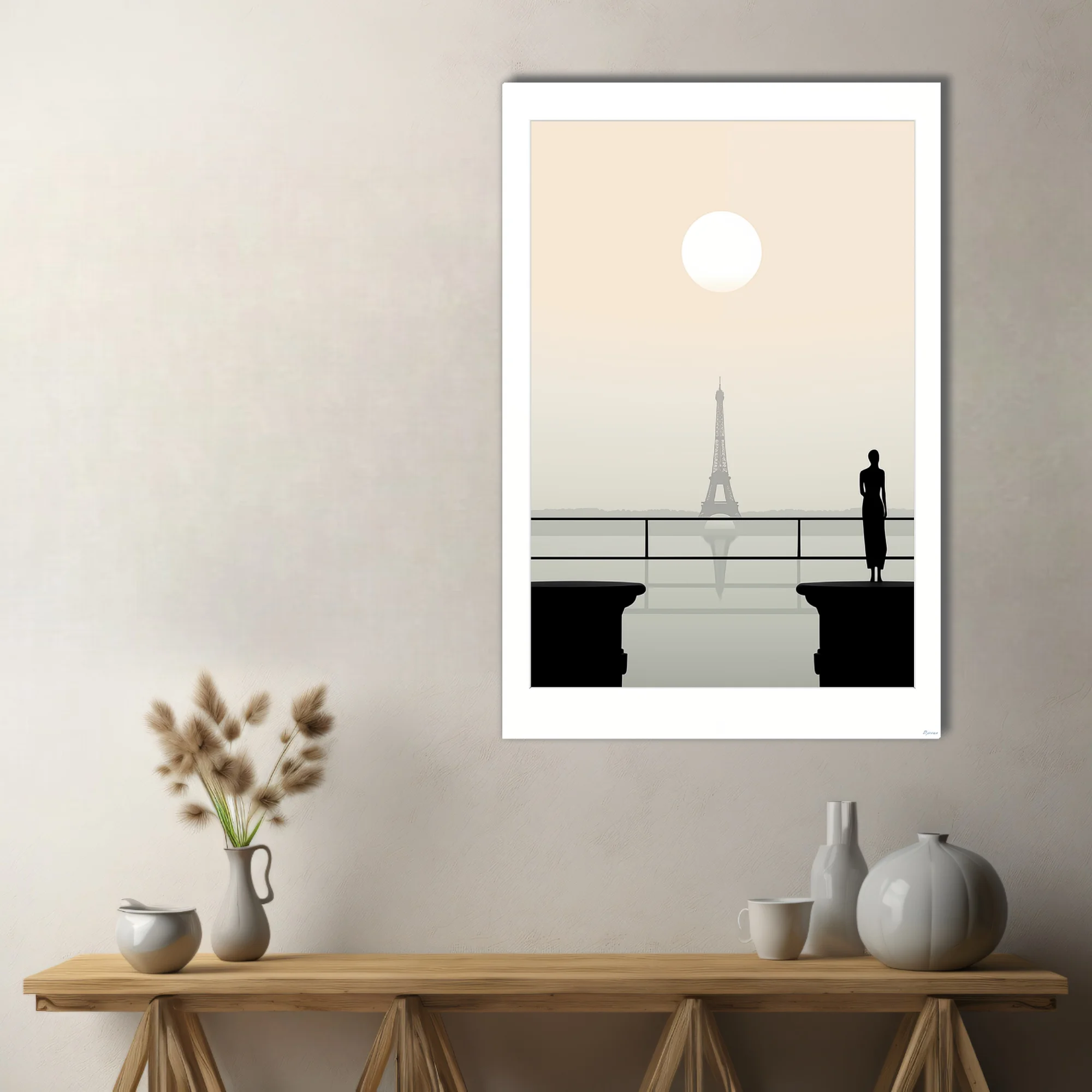 Minimalist Paris Eiffel Tower scene with silhouette figure, champagne haze