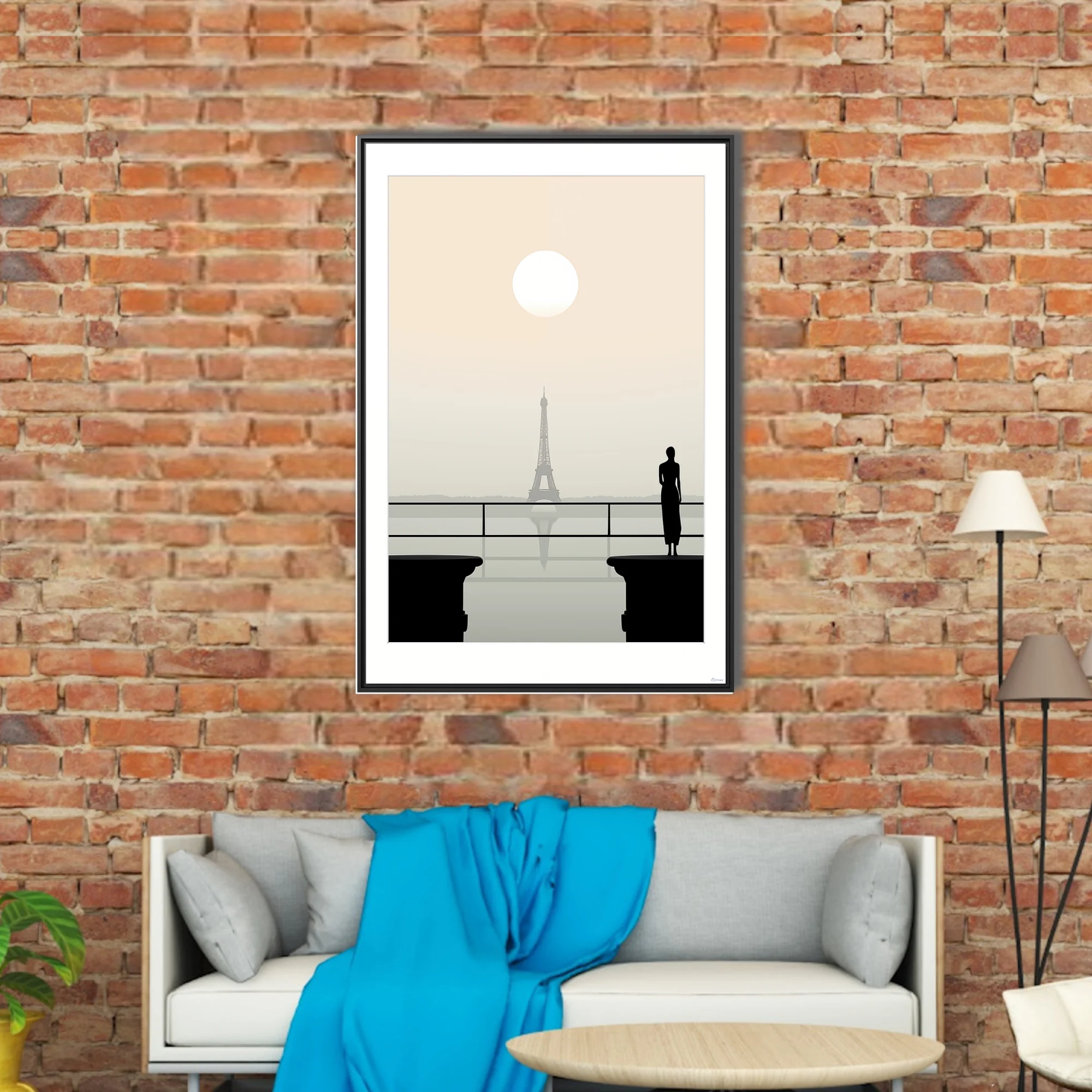 Minimalist Paris Eiffel Tower scene with silhouette figure, champagne haze