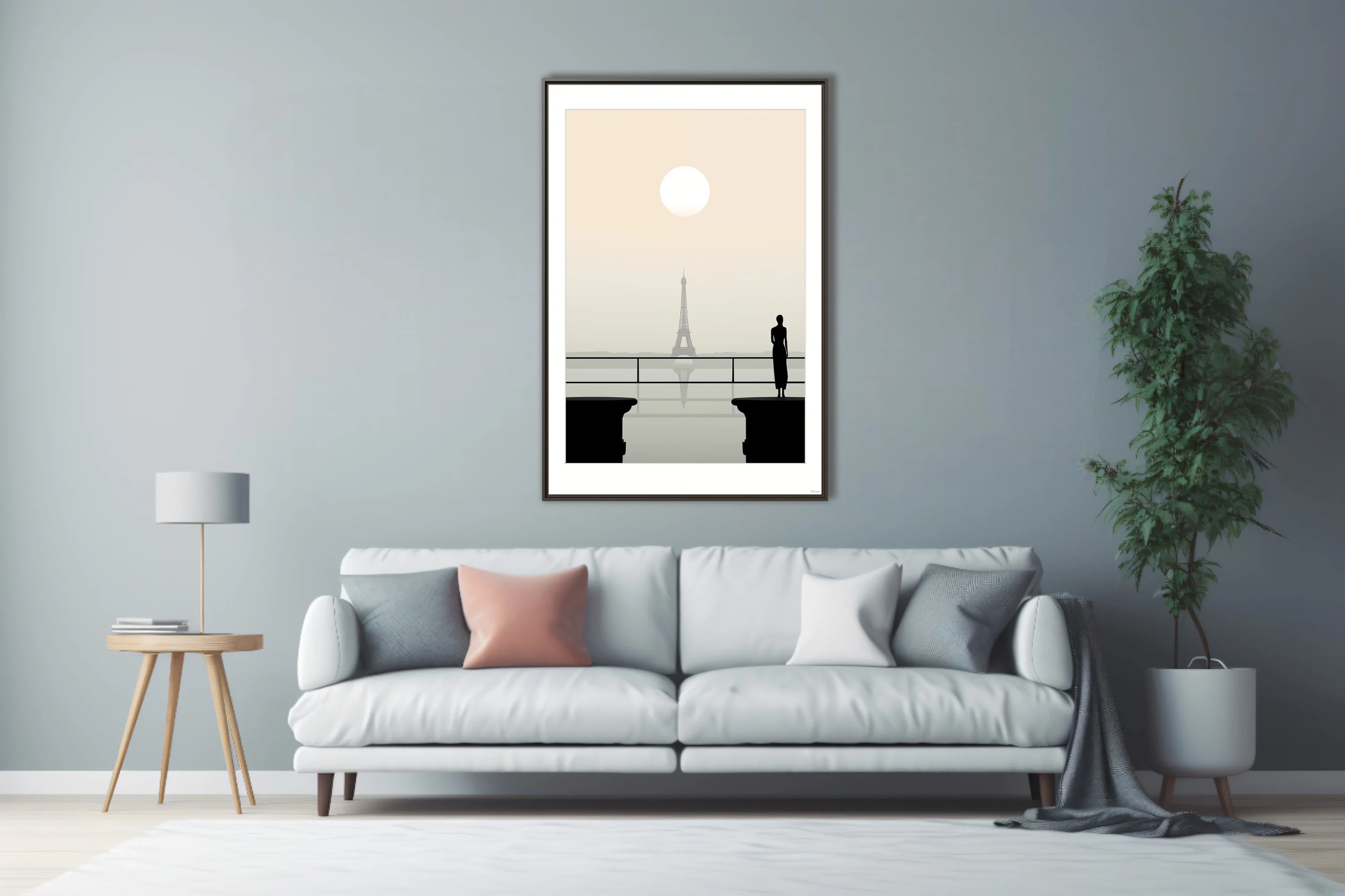 Minimalist Paris Eiffel Tower scene with silhouette figure, champagne haze