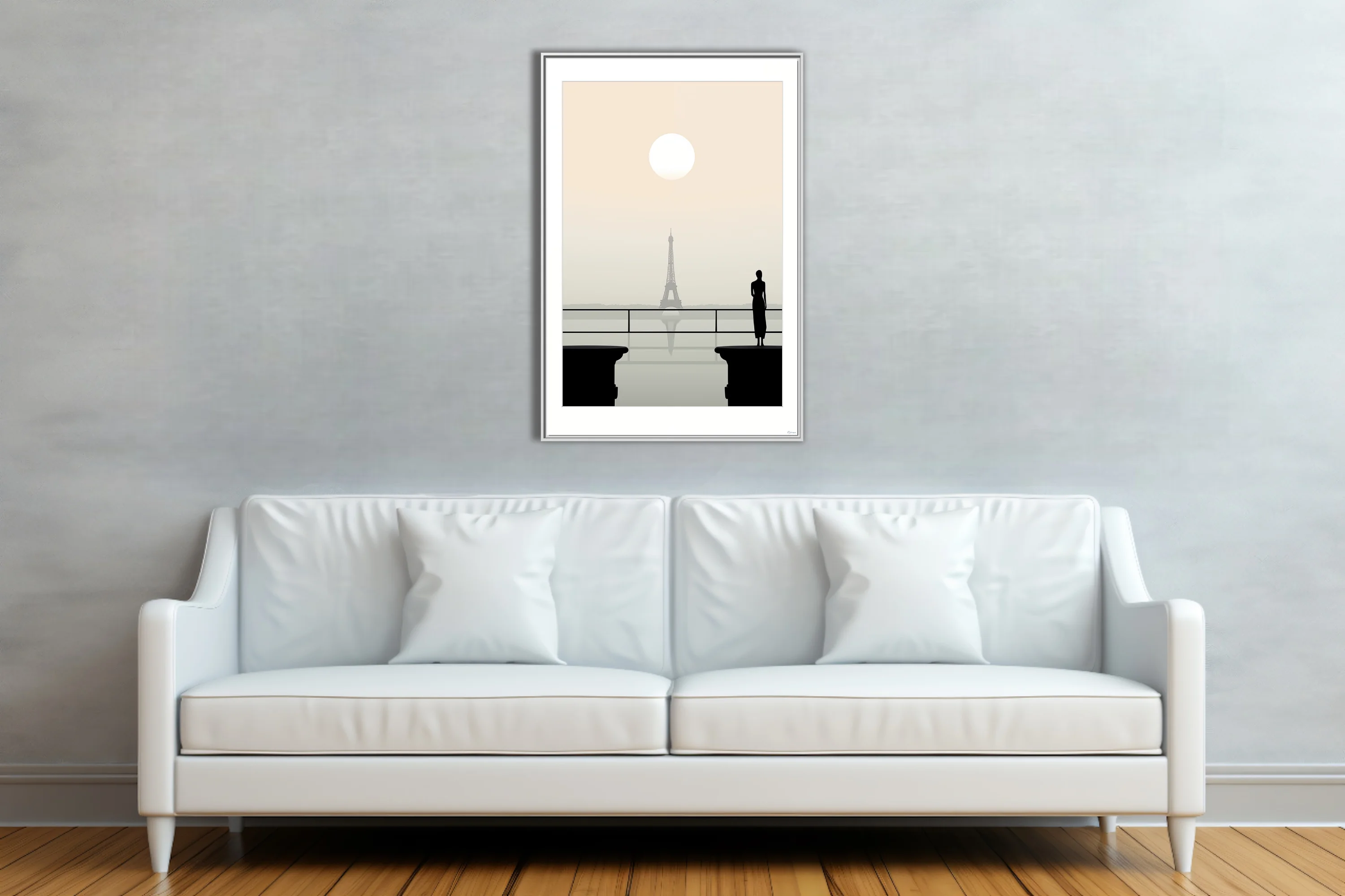 Minimalist Paris Eiffel Tower scene with silhouette figure, champagne haze