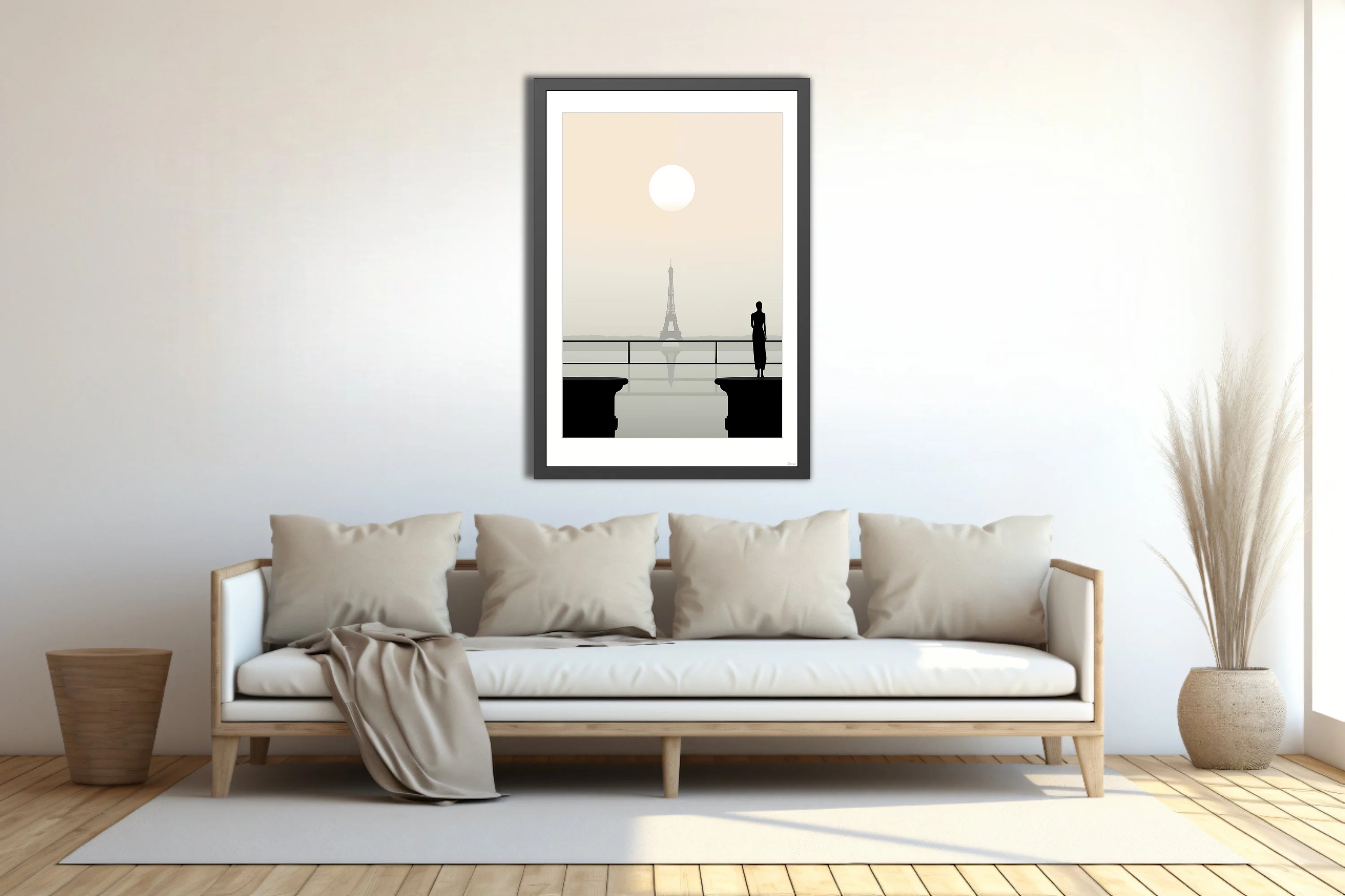 Minimalist Paris Eiffel Tower scene with silhouette figure, champagne haze