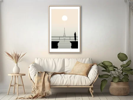 Minimalist Paris Eiffel Tower scene with silhouette figure, champagne haze