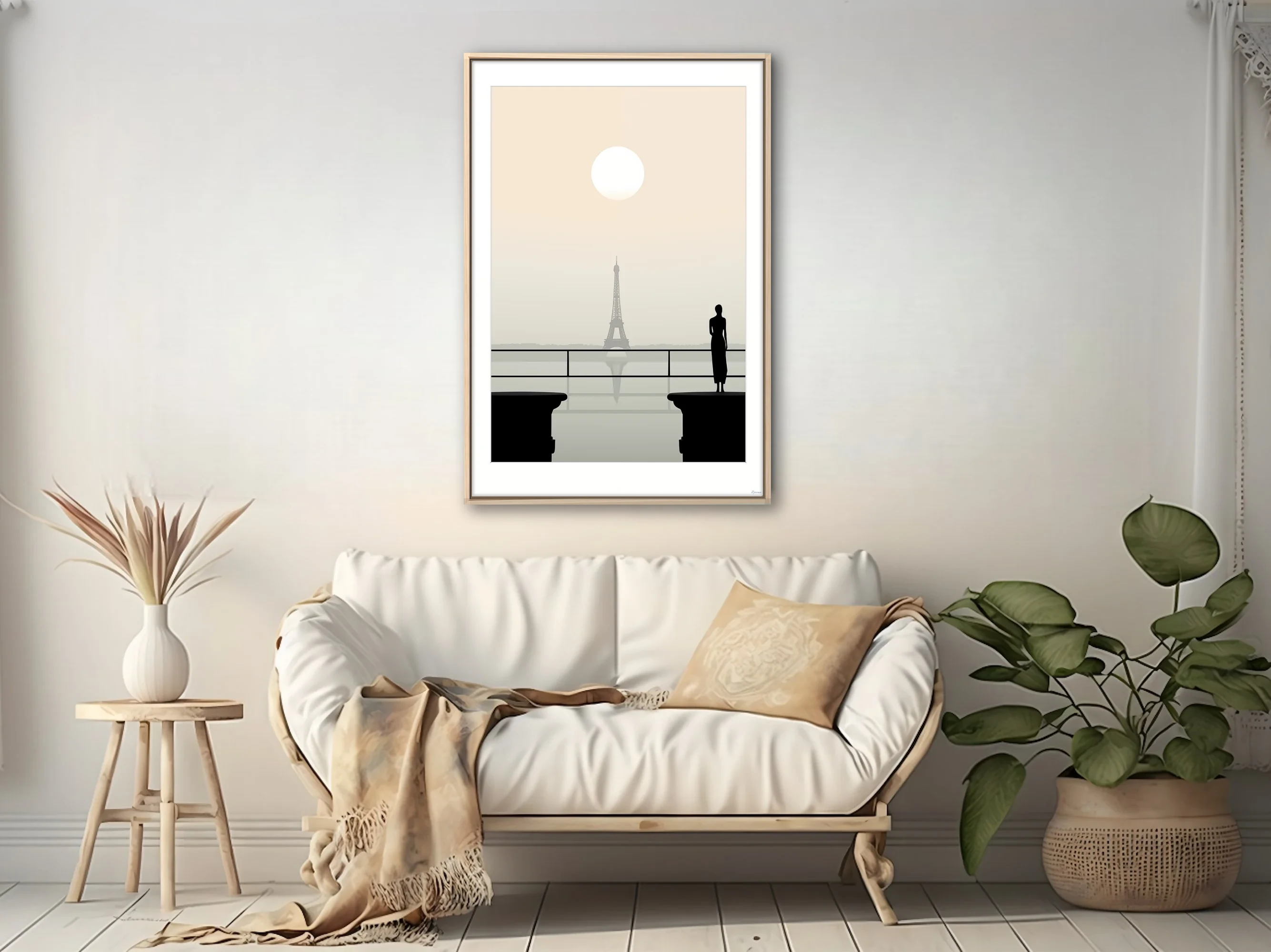 Minimalist Paris Eiffel Tower scene with silhouette figure, champagne haze