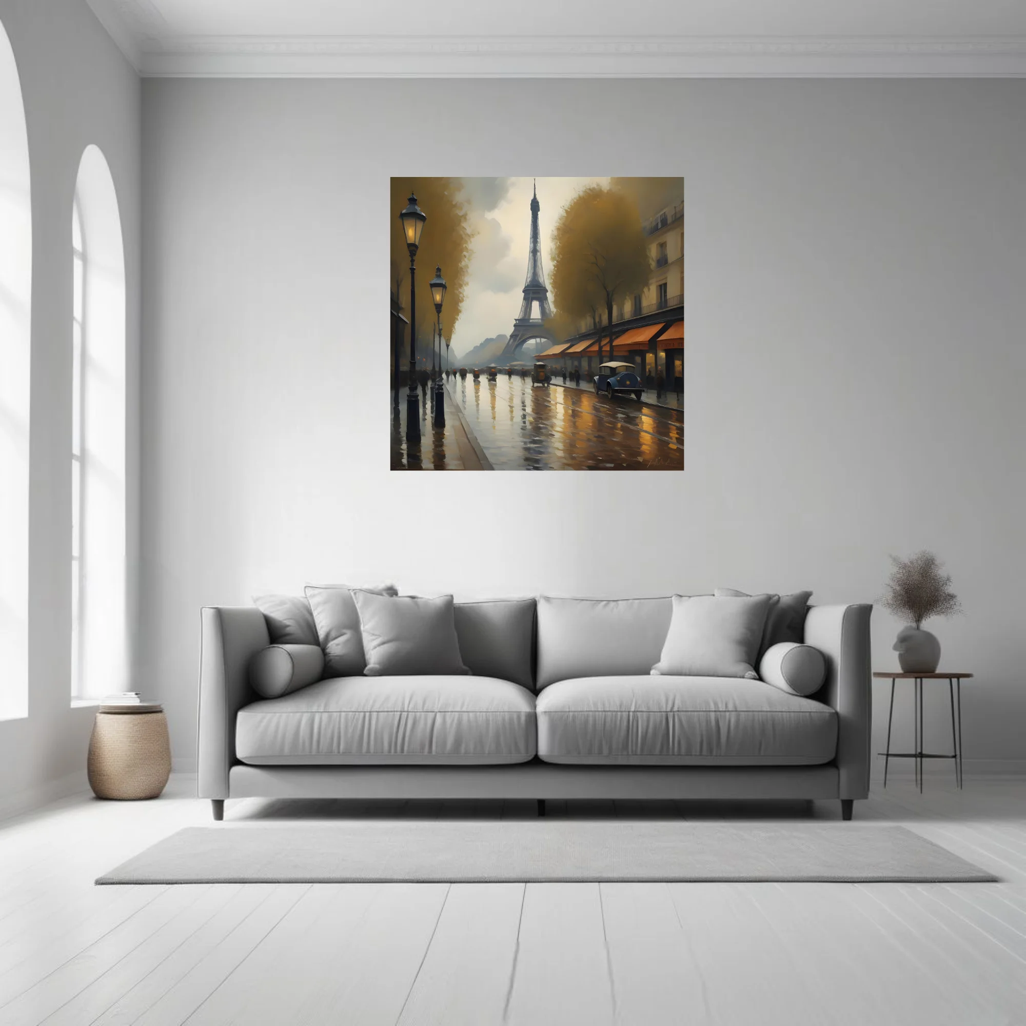 Soft painterly Paris street scene with Eiffel Tower, rainy boulevard, gold lamplight and ochre awnings