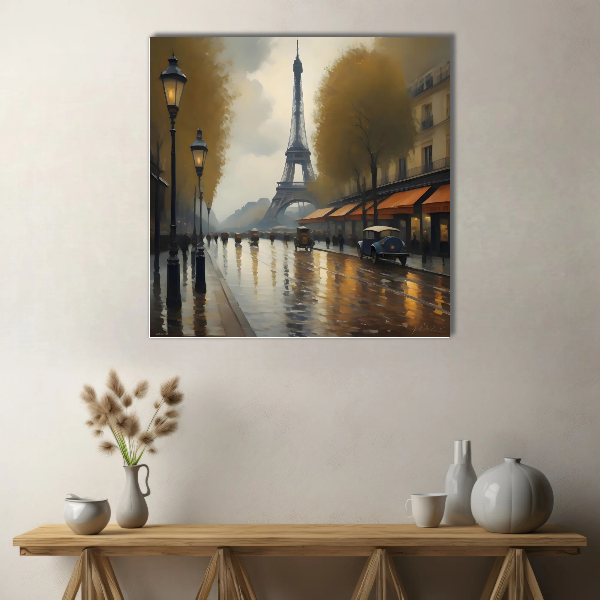 Soft painterly Paris street scene with Eiffel Tower, rainy boulevard, gold lamplight and ochre awnings