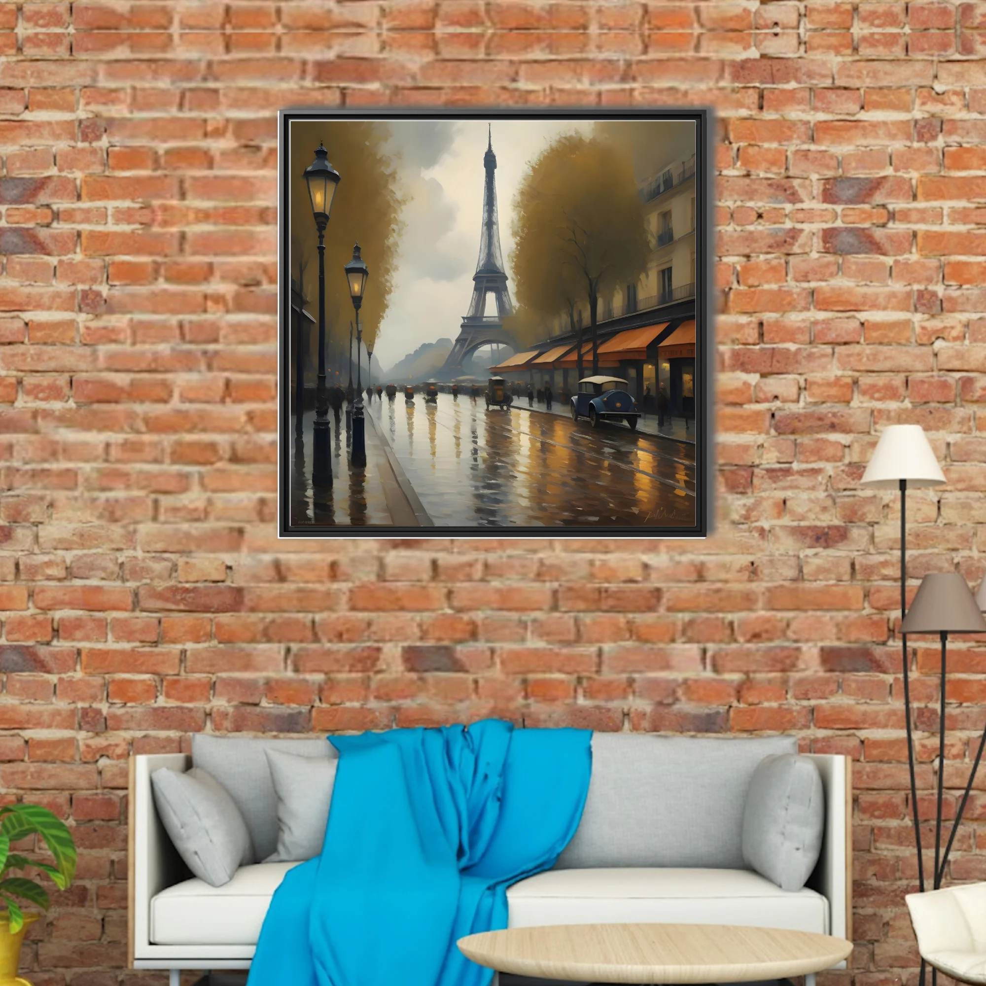 Soft painterly Paris street scene with Eiffel Tower, rainy boulevard, gold lamplight and ochre awnings