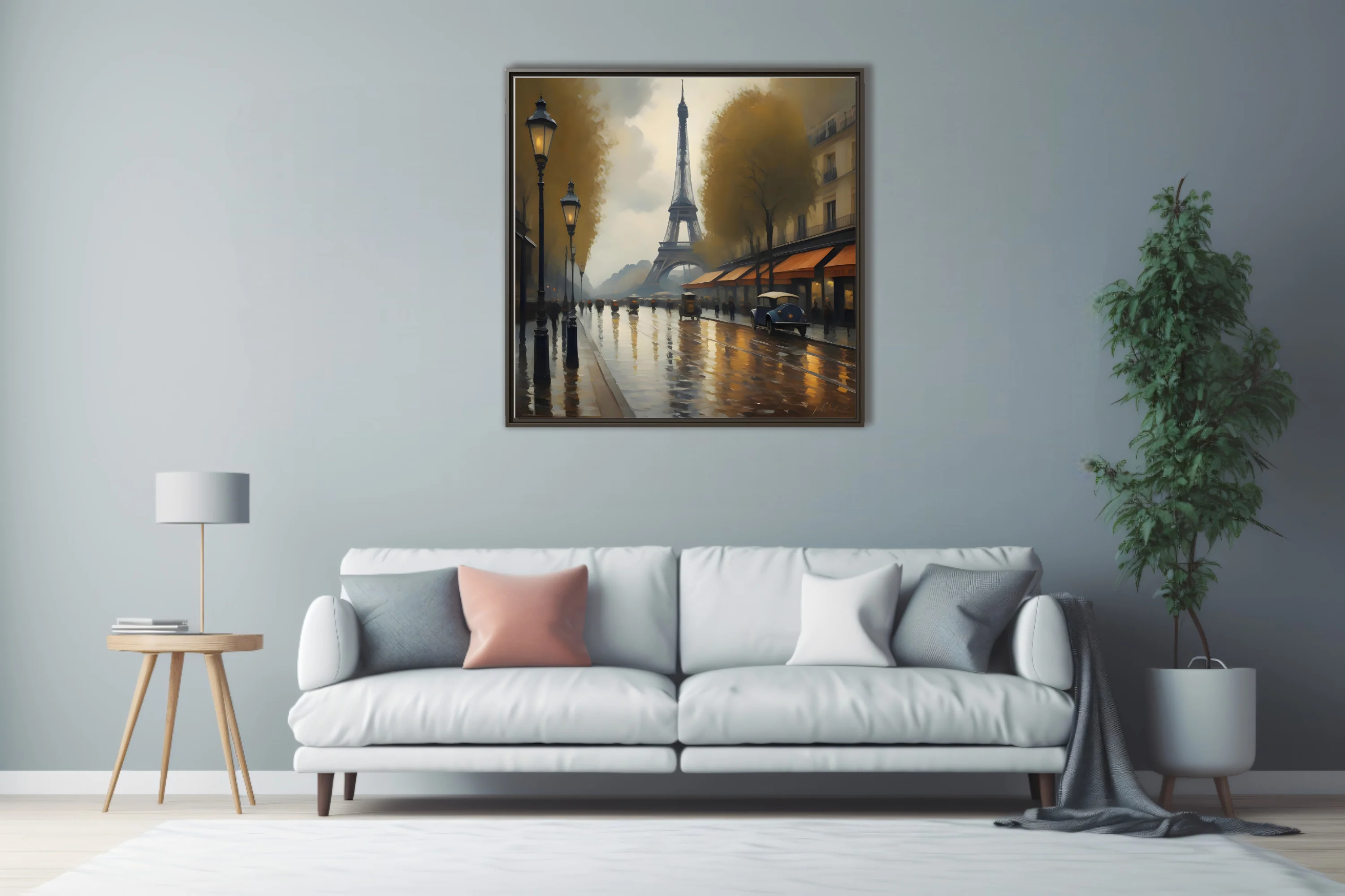 Soft painterly Paris street scene with Eiffel Tower, rainy boulevard, gold lamplight and ochre awnings