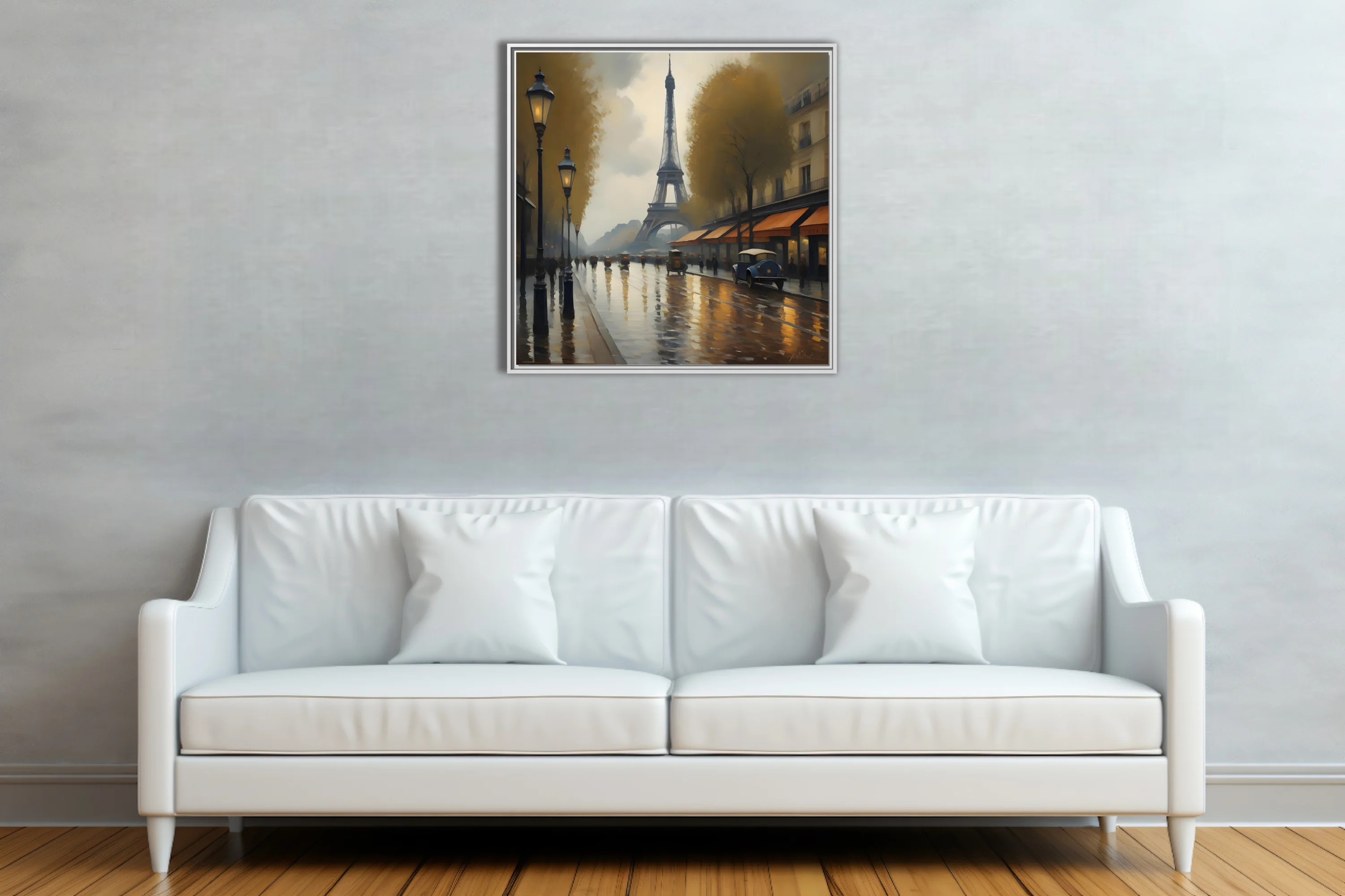 Soft painterly Paris street scene with Eiffel Tower, rainy boulevard, gold lamplight and ochre awnings