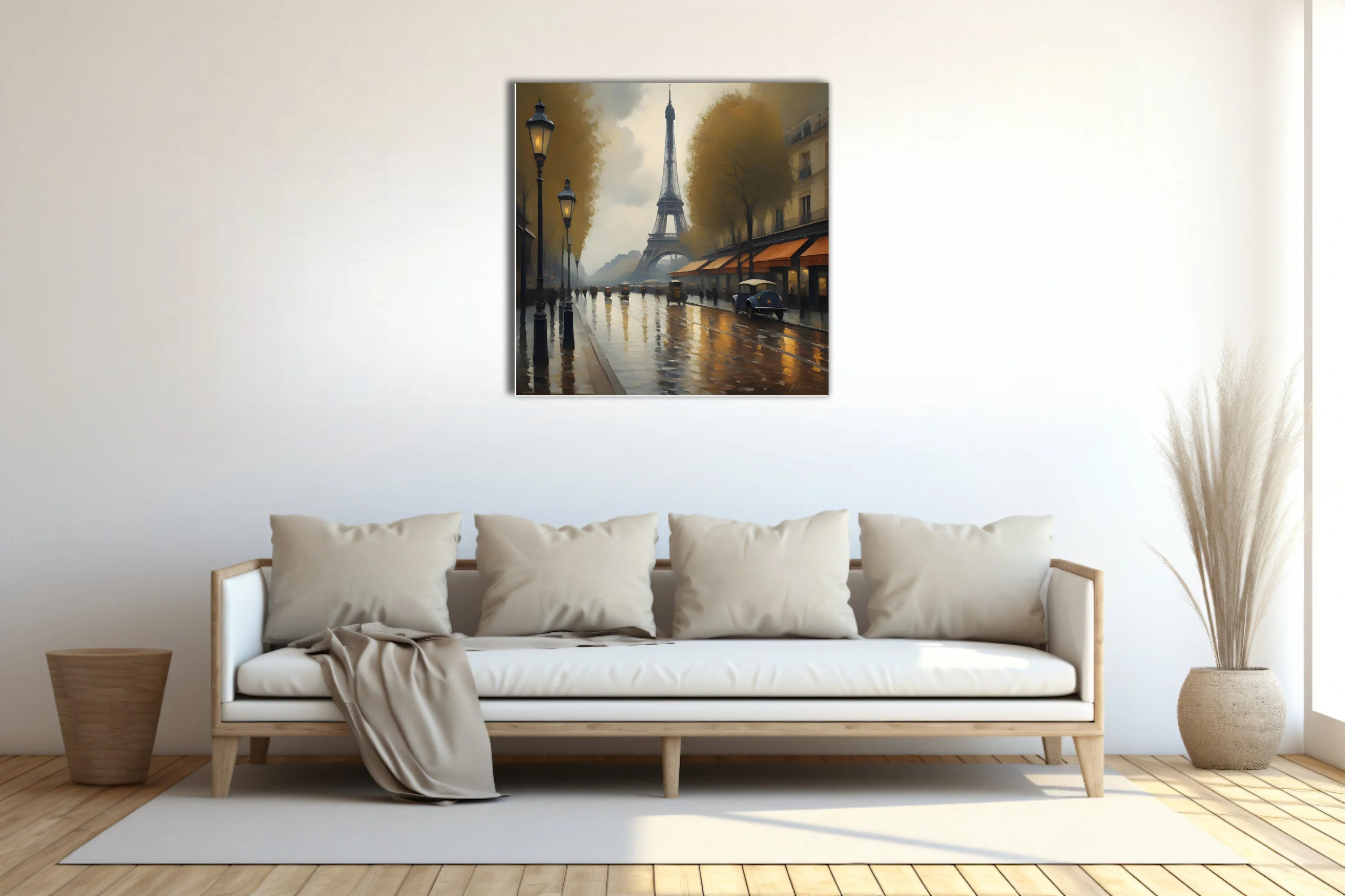Soft painterly Paris street scene with Eiffel Tower, rainy boulevard, gold lamplight and ochre awnings