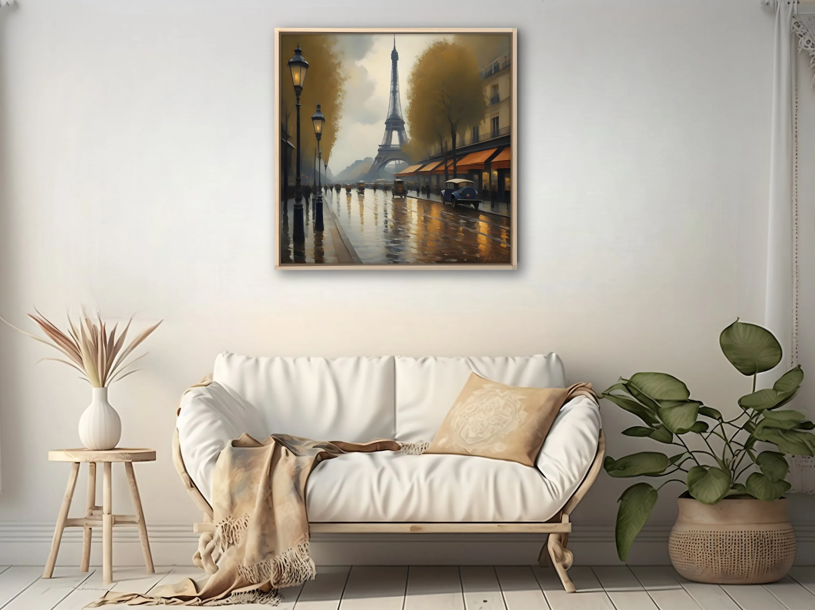 Soft painterly Paris street scene with Eiffel Tower, rainy boulevard, gold lamplight and ochre awnings