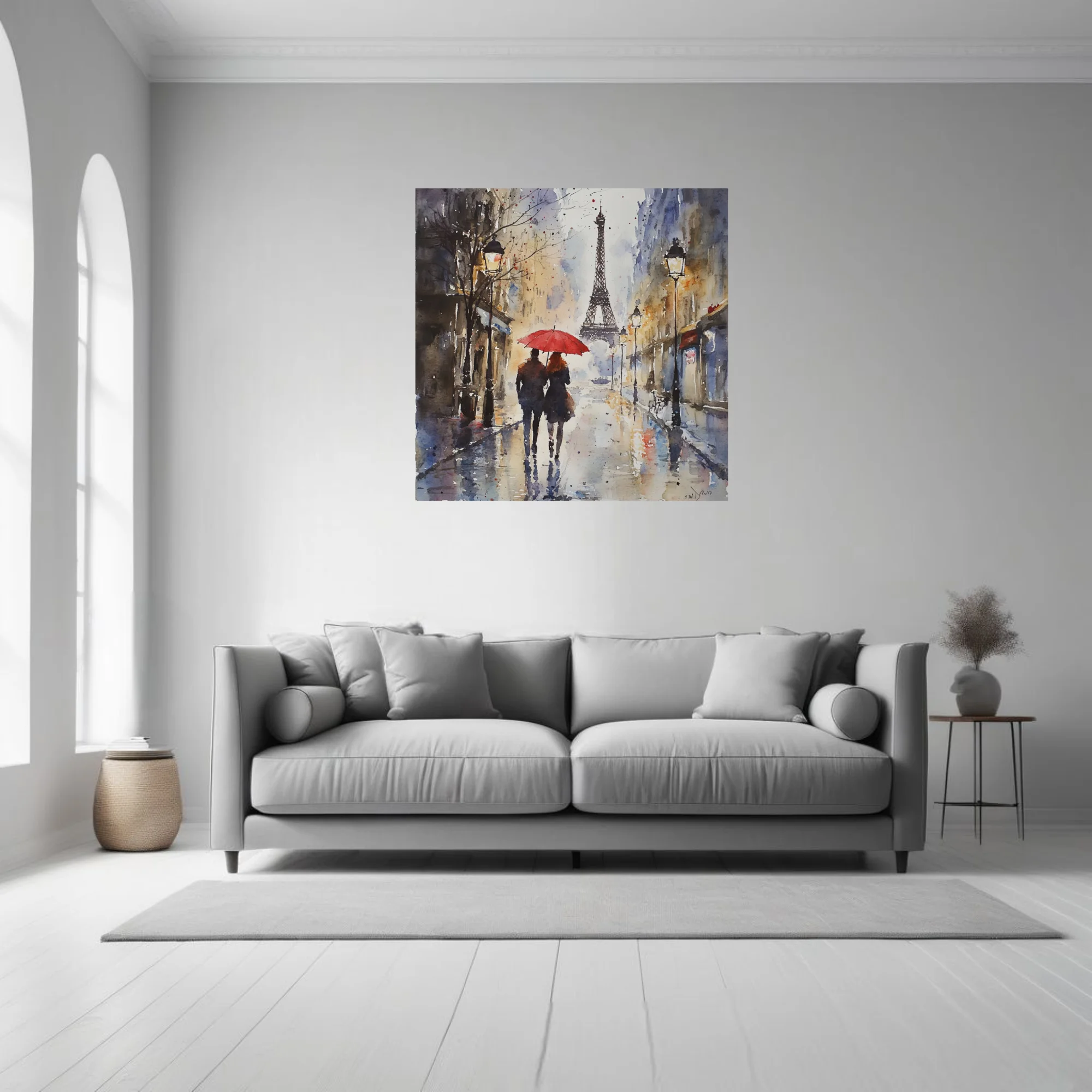 Watercolor-style Paris street scene with red umbrella, Eiffel Tower, rainy moody blues and ochres