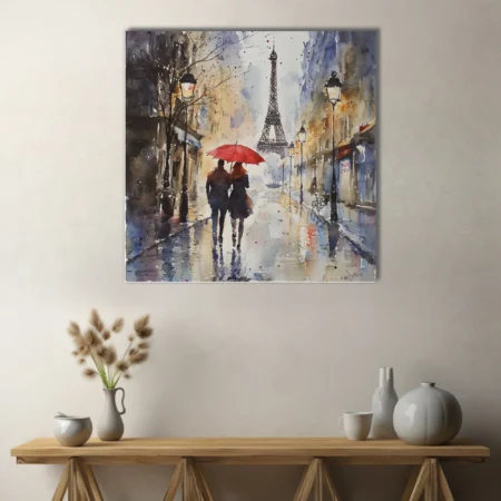 Watercolor-style Paris street scene with red umbrella, Eiffel Tower, rainy moody blues and ochres