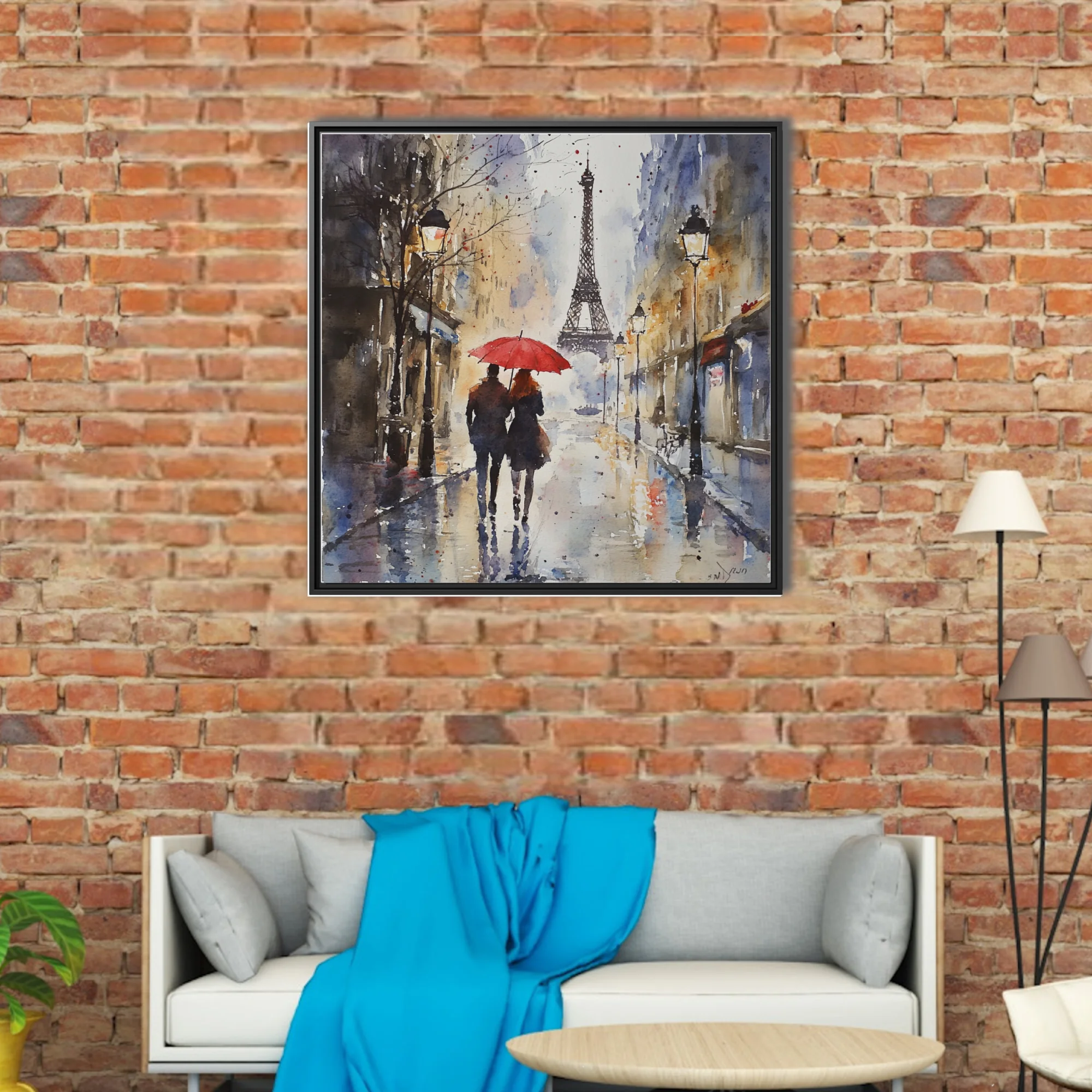 Watercolor-style Paris street scene with red umbrella, Eiffel Tower, rainy moody blues and ochres