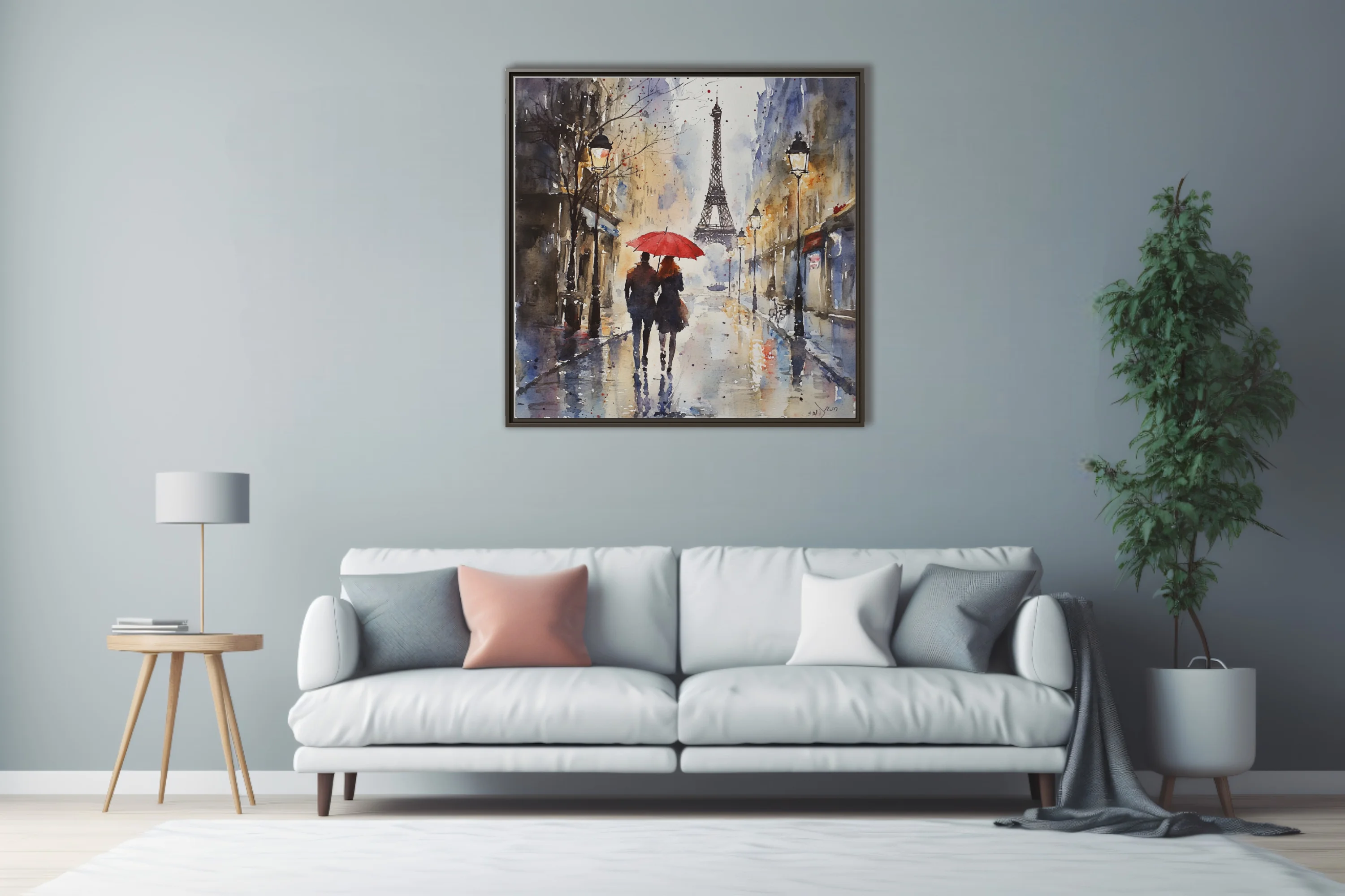 Watercolor-style Paris street scene with red umbrella, Eiffel Tower, rainy moody blues and ochres