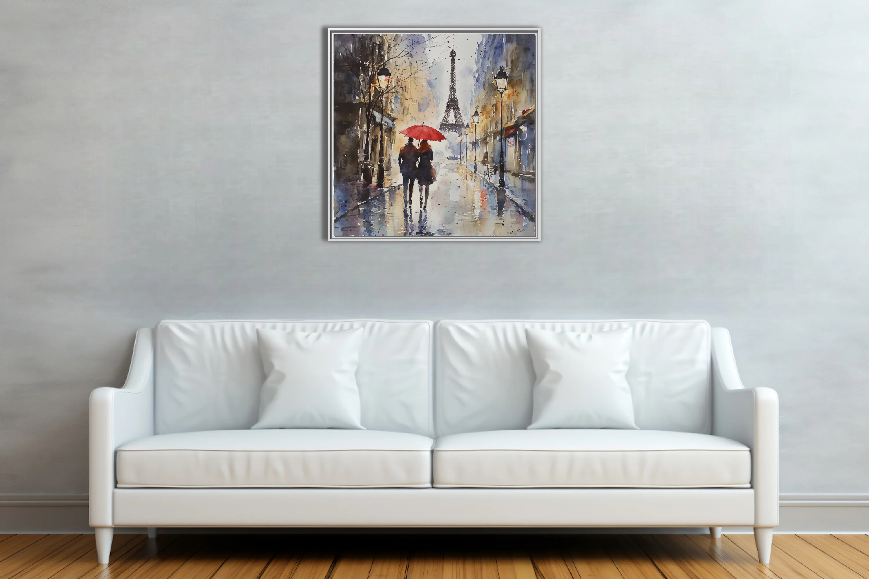 Watercolor-style Paris street scene with red umbrella, Eiffel Tower, rainy moody blues and ochres