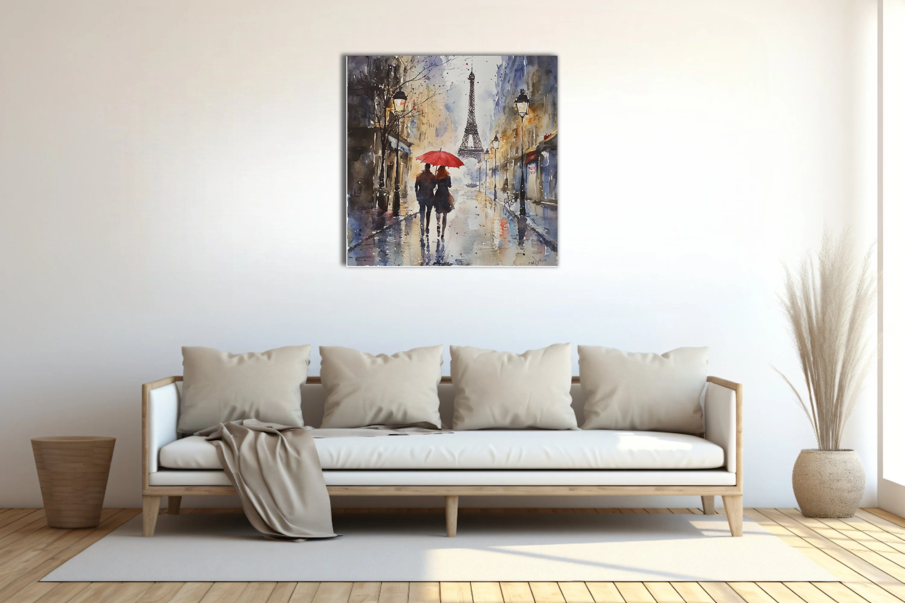 Watercolor-style Paris street scene with red umbrella, Eiffel Tower, rainy moody blues and ochres