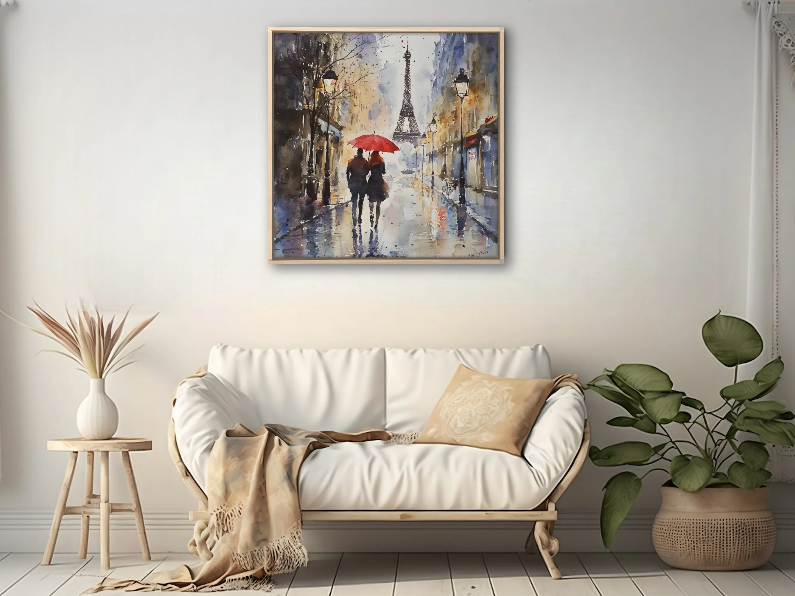 Watercolor-style Paris street scene with red umbrella, Eiffel Tower, rainy moody blues and ochres