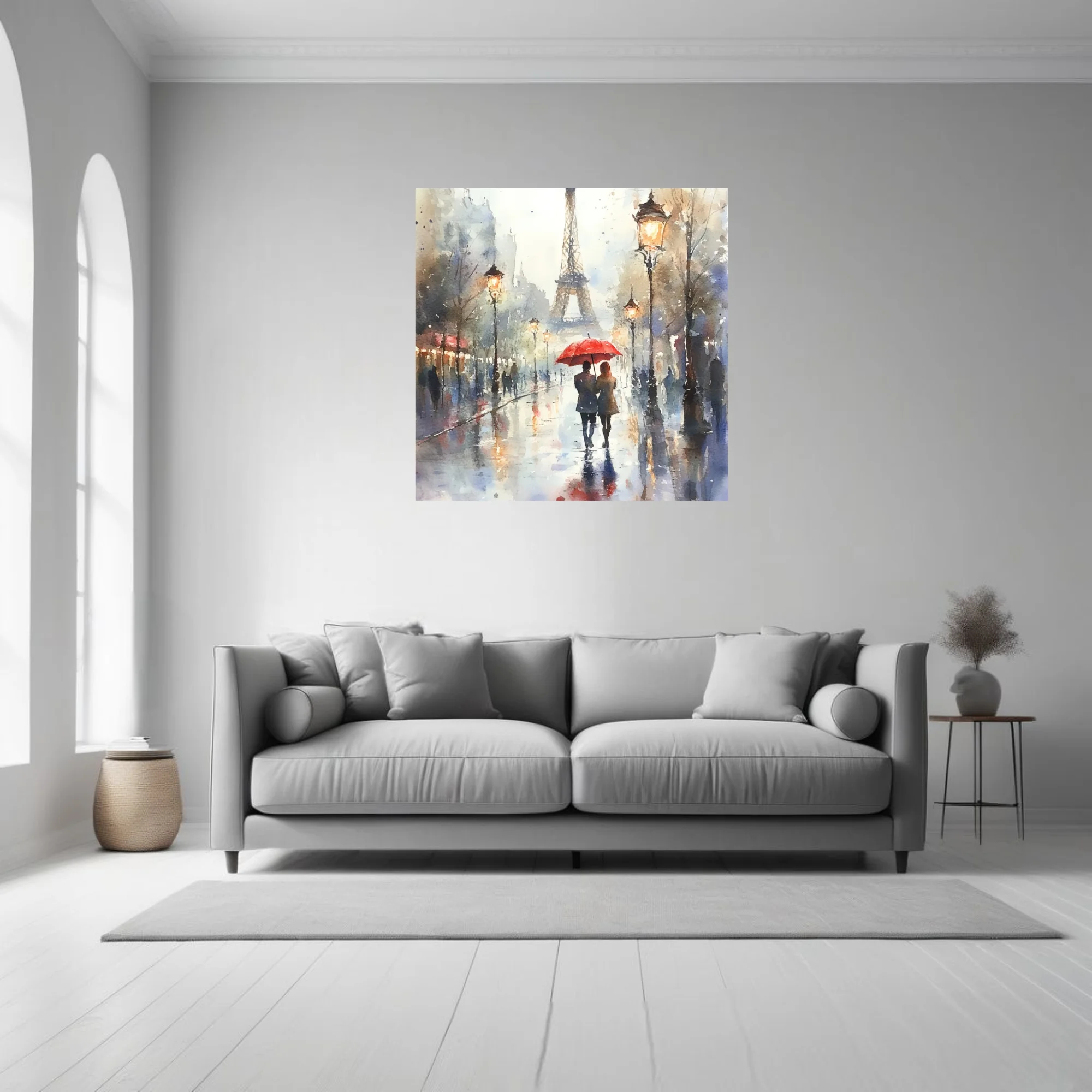 Watercolor-style Paris street scene with Eiffel Tower, red umbrella, and glowing lamps on rainy day