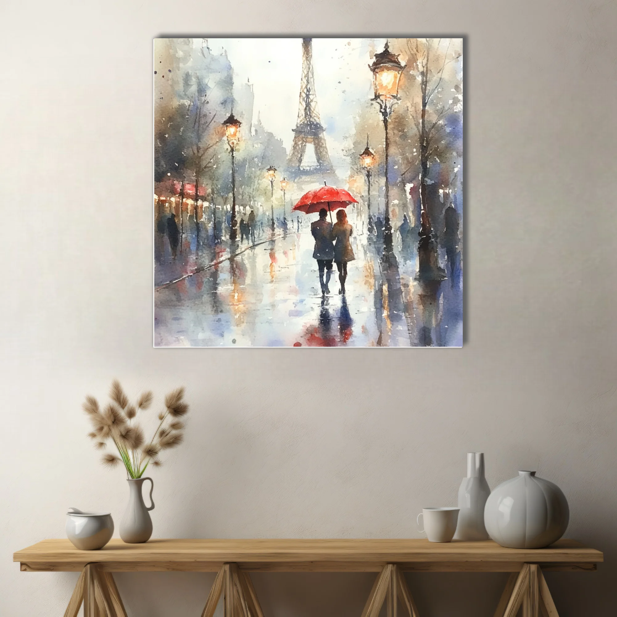 Watercolor-style Paris street scene with Eiffel Tower, red umbrella, and glowing lamps on rainy day