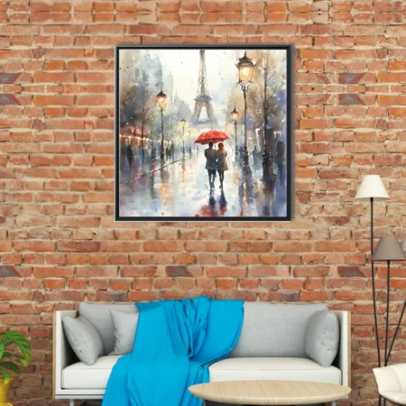 Watercolor-style Paris street scene with Eiffel Tower, red umbrella, and glowing lamps on rainy day