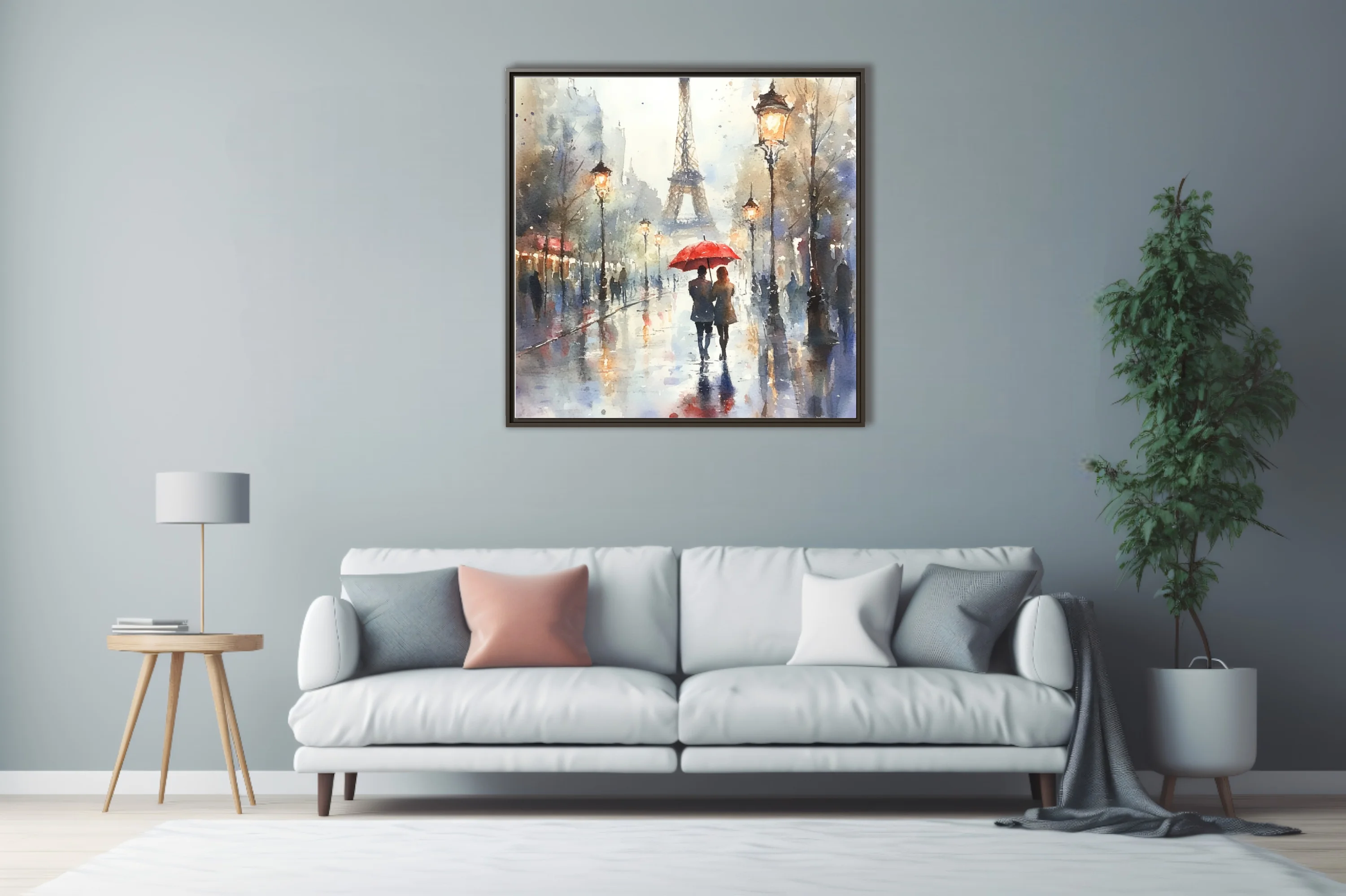 Watercolor-style Paris street scene with Eiffel Tower, red umbrella, and glowing lamps on rainy day