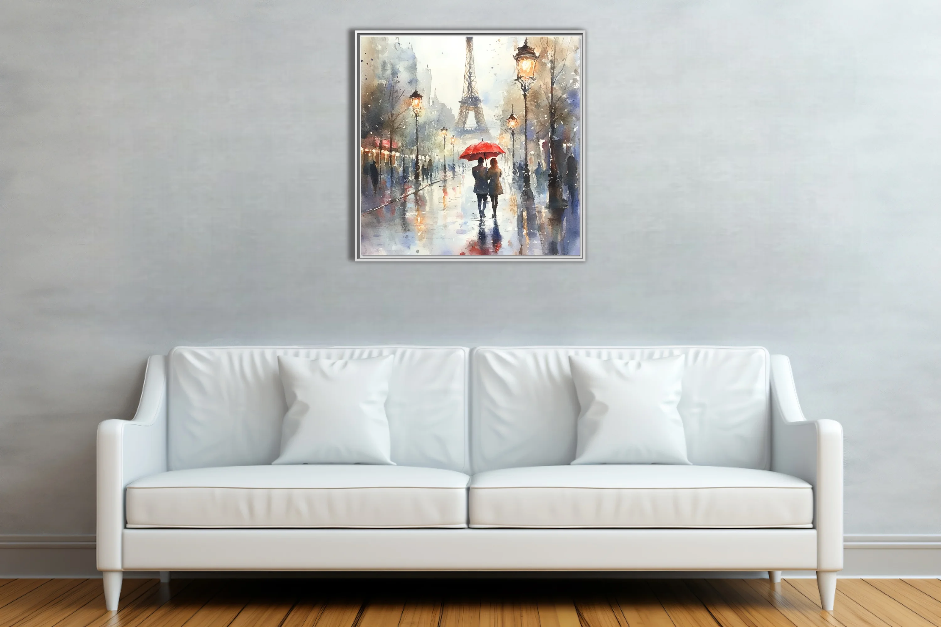 Watercolor-style Paris street scene with Eiffel Tower, red umbrella, and glowing lamps on rainy day