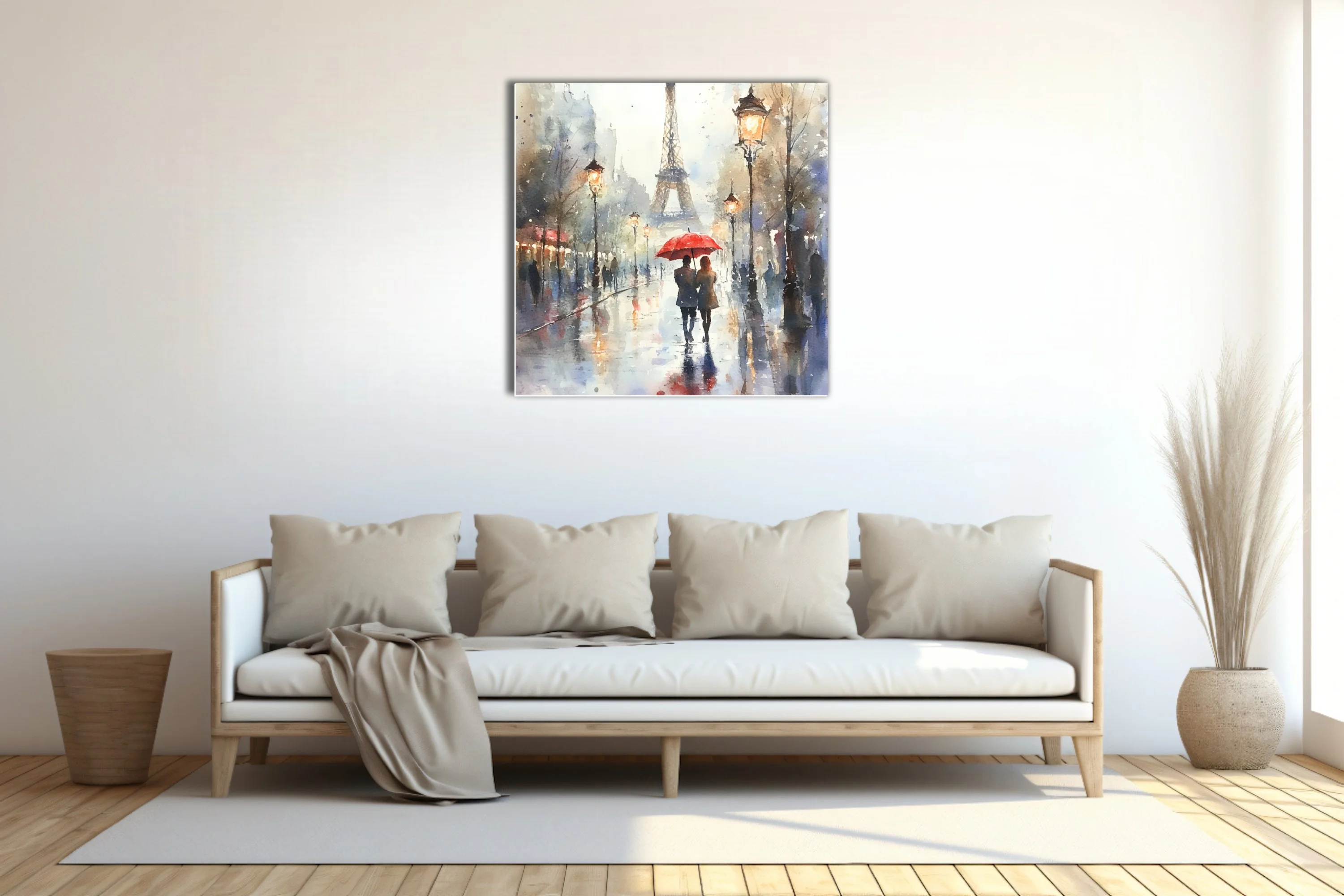 Watercolor-style Paris street scene with Eiffel Tower, red umbrella, and glowing lamps on rainy day