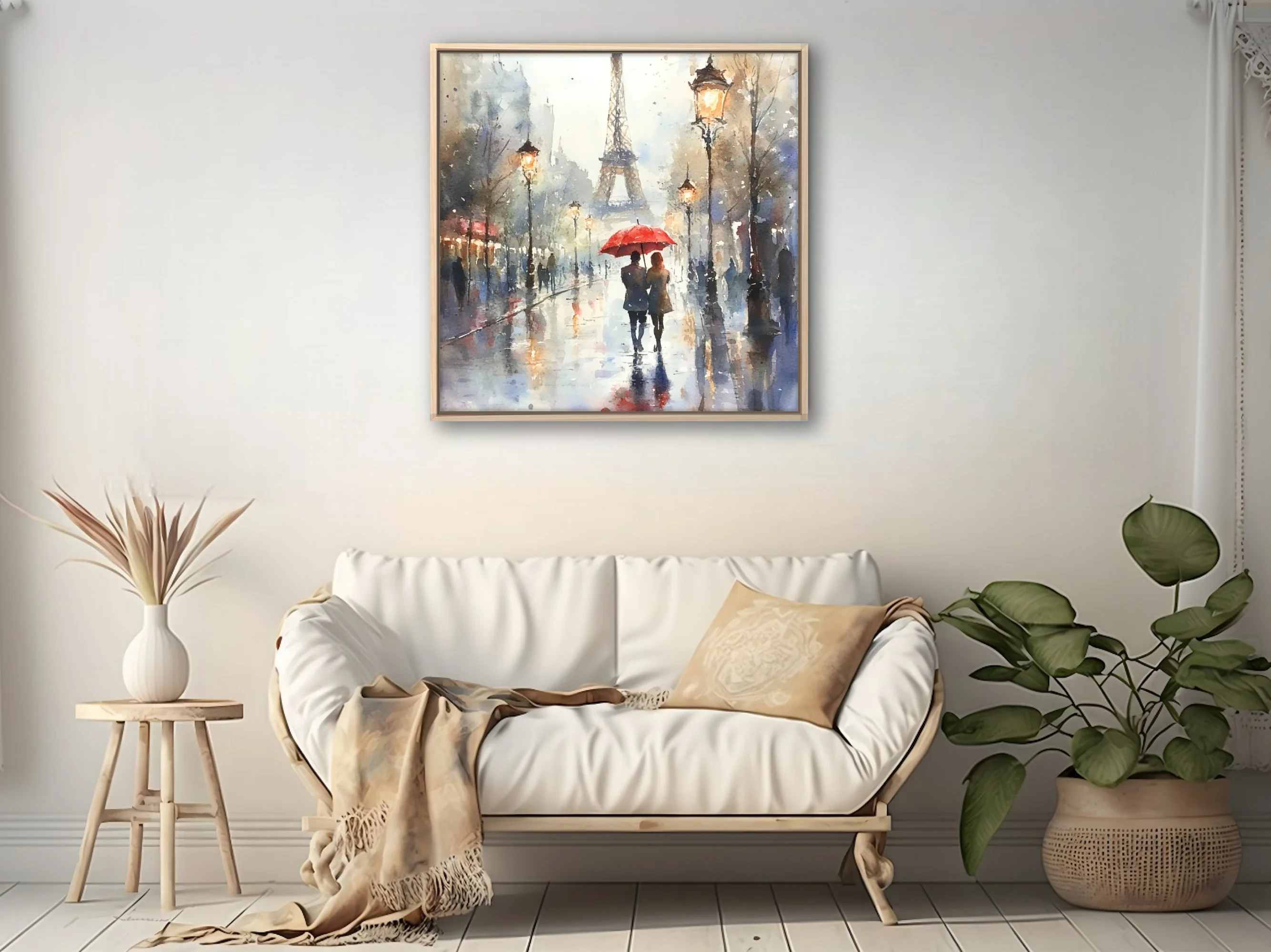 Watercolor-style Paris street scene with Eiffel Tower, red umbrella, and glowing lamps on rainy day