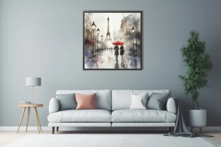 Watercolor-style Paris street scene with Eiffel Tower, red umbrella, lamplight, and rainy reflections.